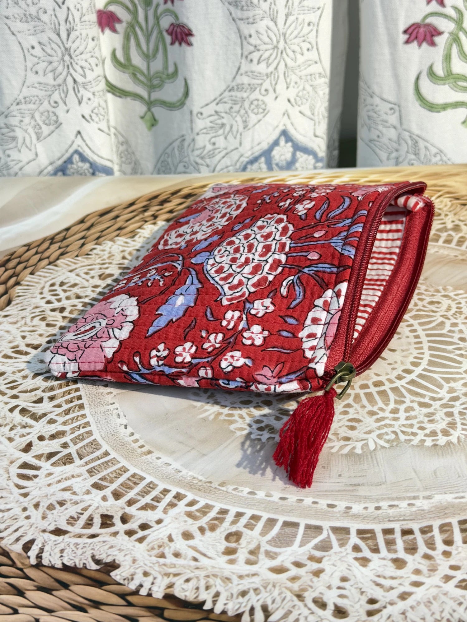Jaipur Block Print Cotton Quilted Flat Pouch in red floral print, medium 9 × 7 inch zip pouch for everyday use back view