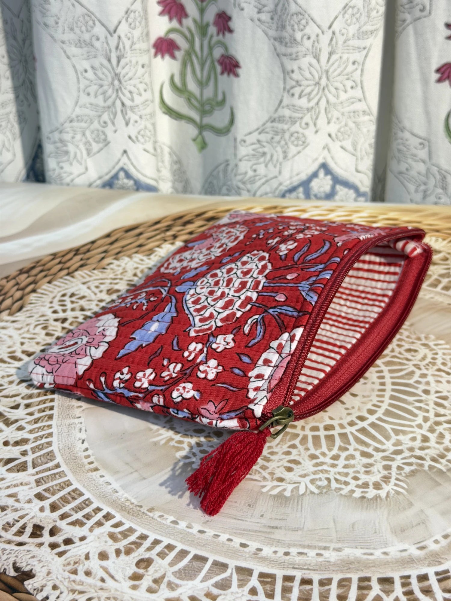 Jaipur Block Print Cotton Quilted Flat Pouch in red floral print, medium 9 × 7 inch zip pouch for everyday use interior view