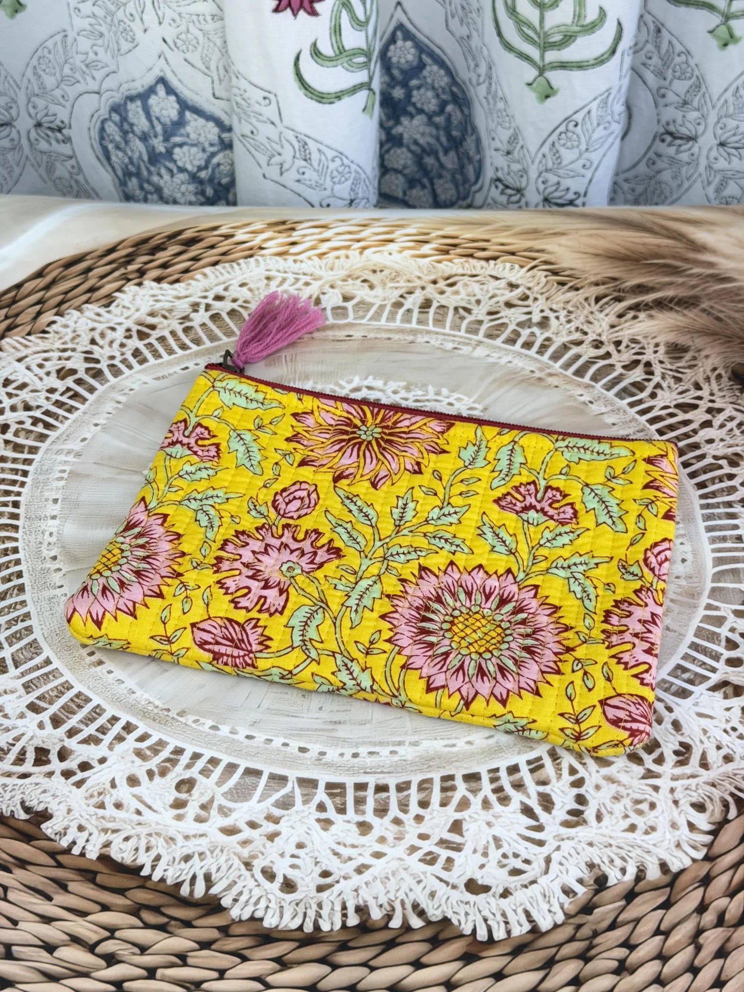 Jaipur Block Print Cotton Quilted Flat Pouch in yellow floral print, medium 9 × 7 inch zip pouch for everyday use front view