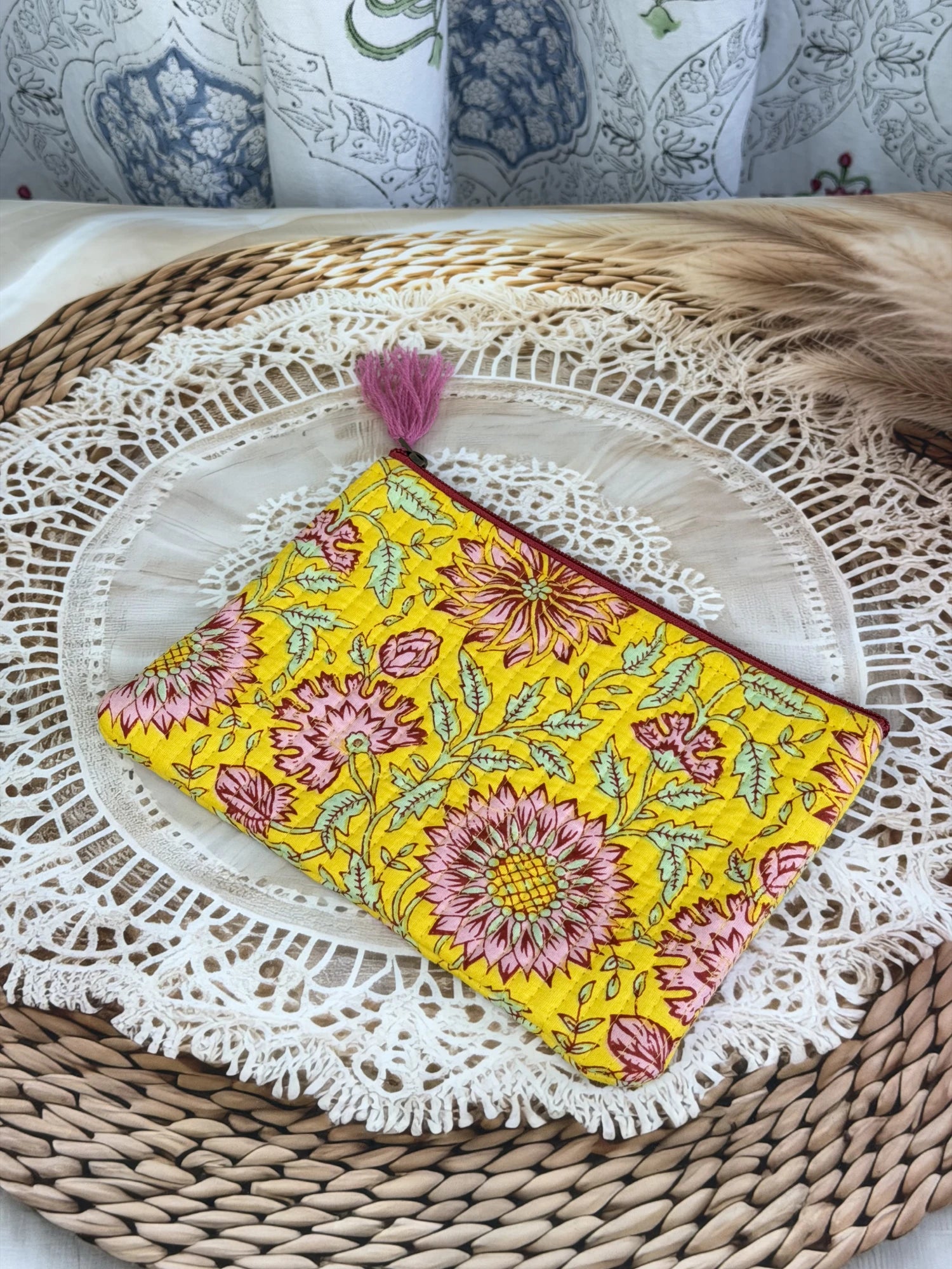 Jaipur Block Print Cotton Quilted Flat Pouch in yellow floral print, medium 9 × 7 inch zip pouch for everyday use side view
