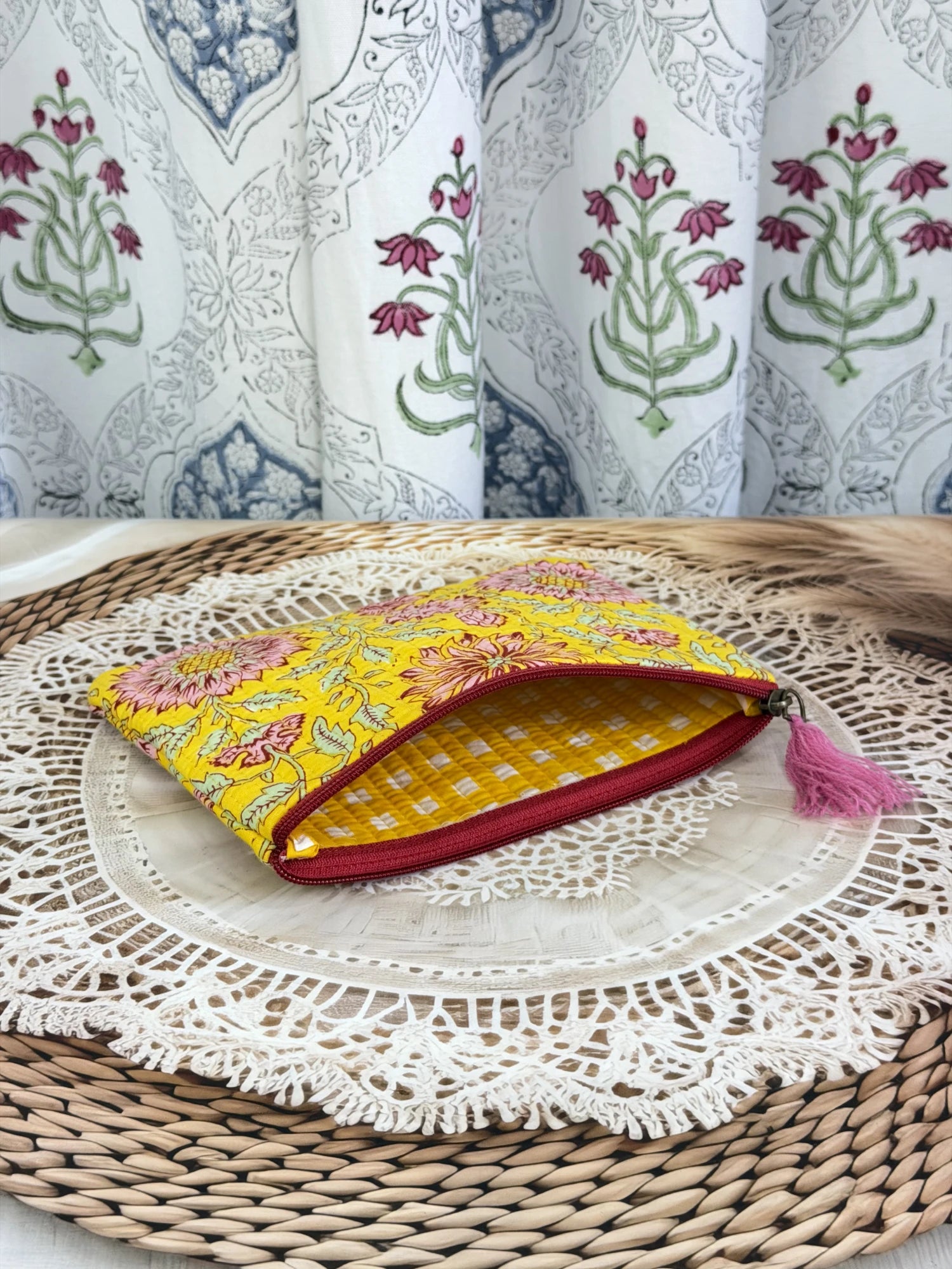 Jaipur Block Print Cotton Quilted Flat Pouch in yellow floral print, medium 9 × 7 inch zip pouch for everyday use back view