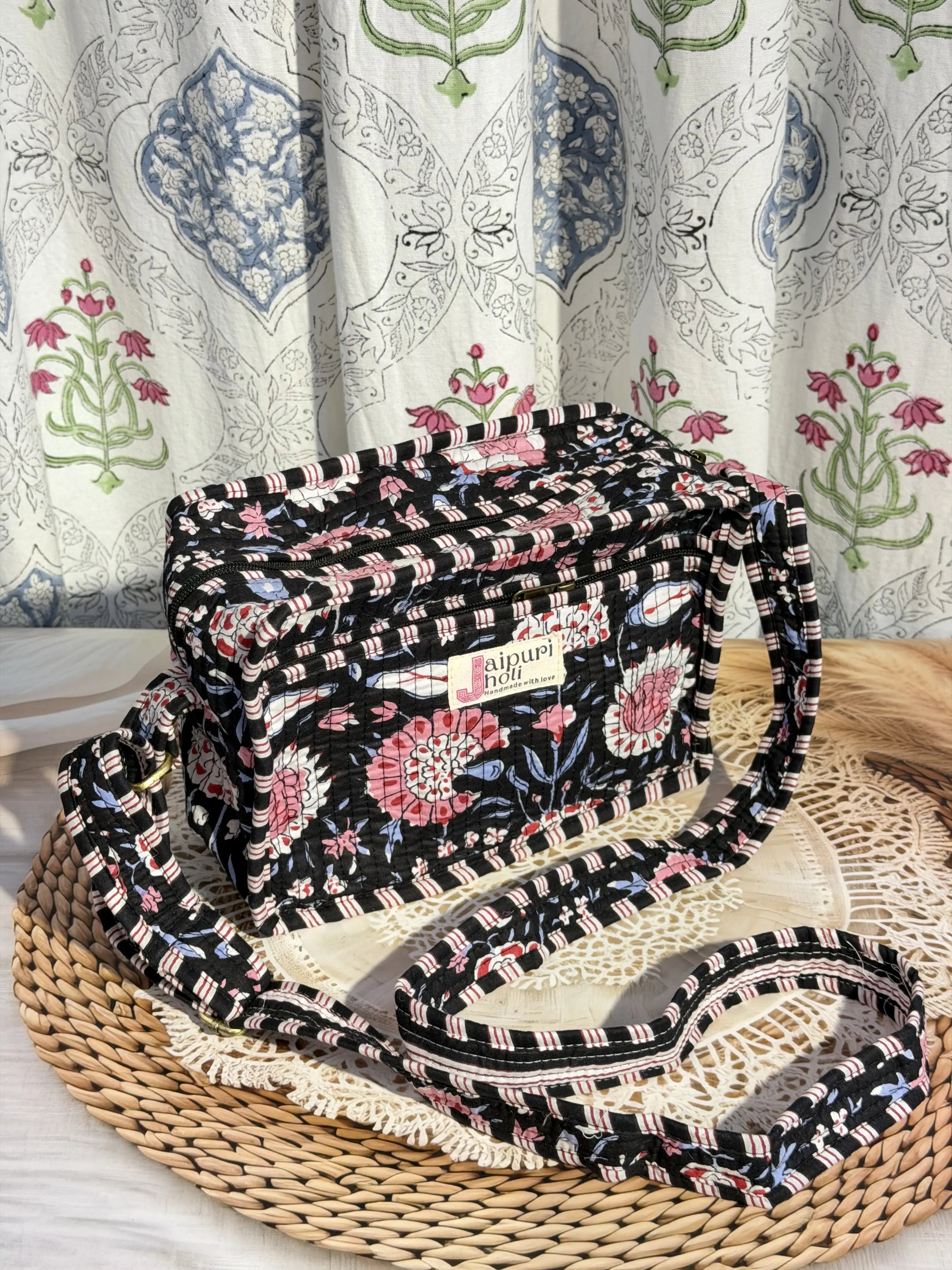 Jaipur Block Print Cotton Quilted Sling Bag - Black and Pink Floral print Front View