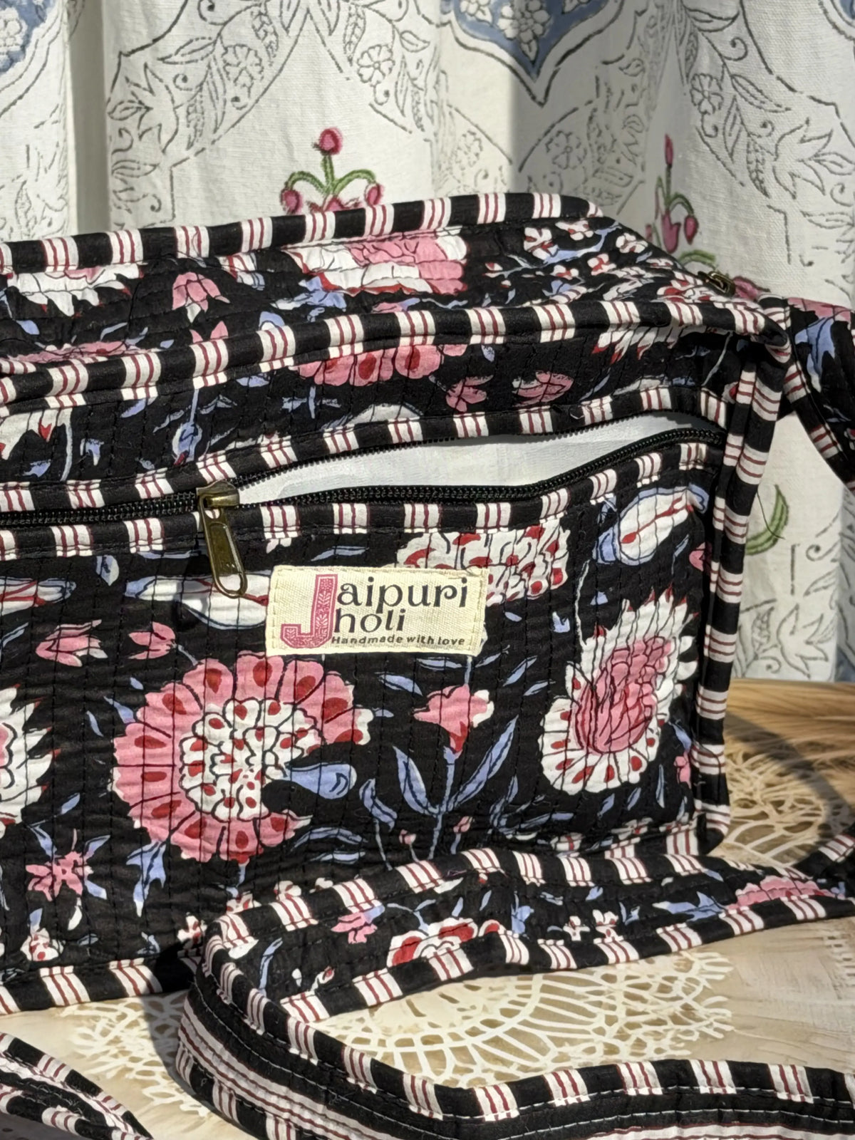 Jaipur Block Print Cotton Quilted Sling Bag - Black and Pink Floral print Interior View