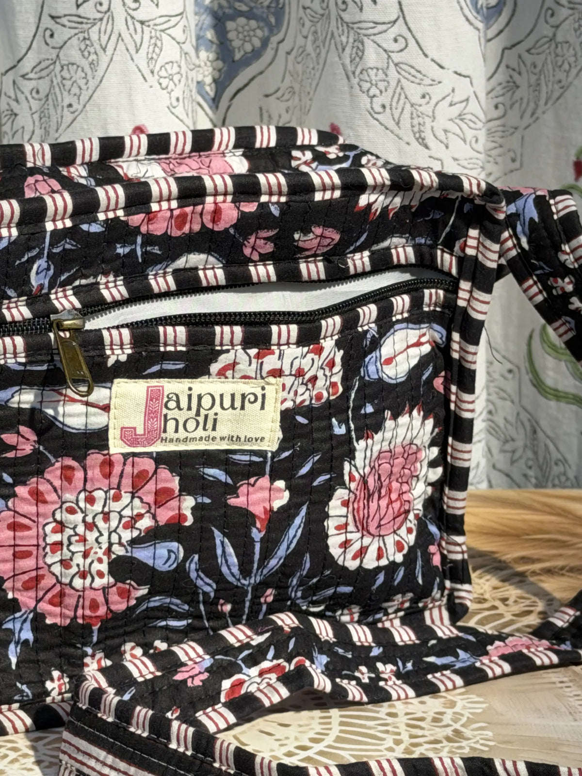 Jaipur Block Print Cotton Quilted Sling Bag - Black and Pink Floral print Back View