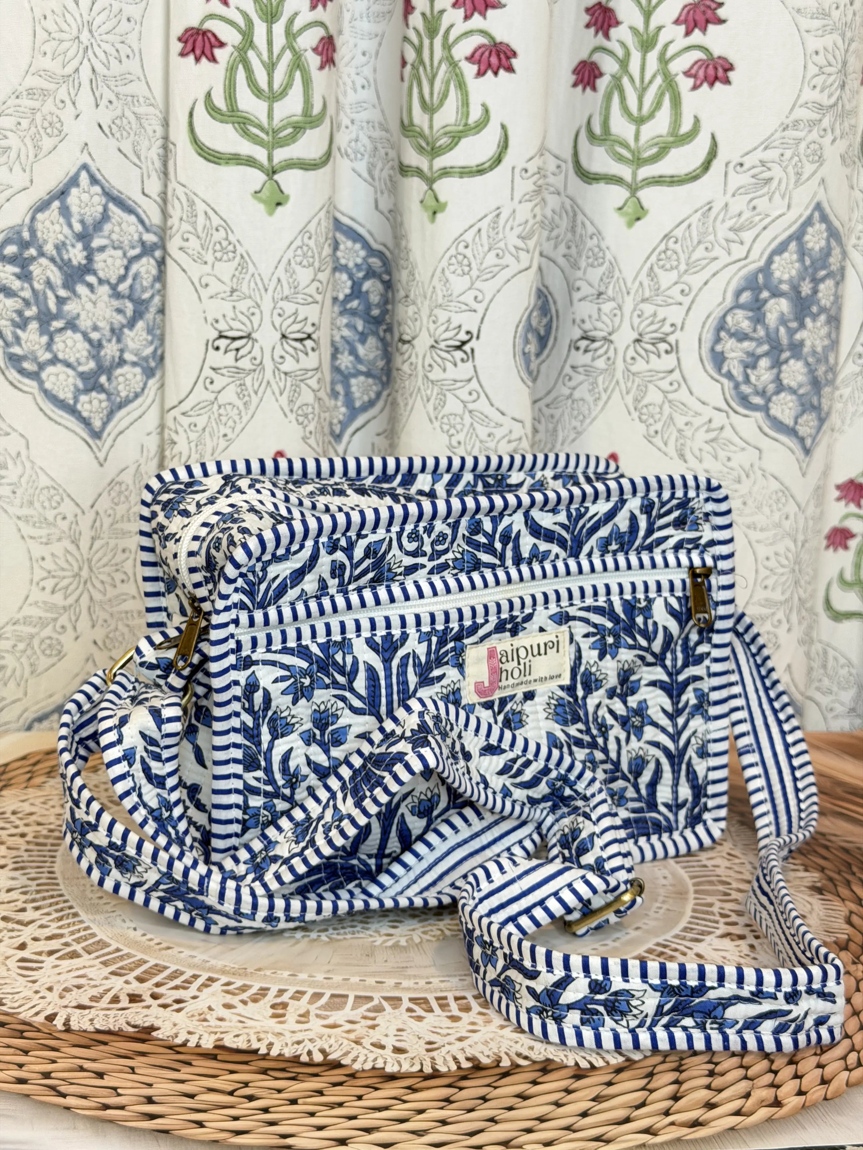 Jaipur Block Print Cotton Sling Bags - Blue Floral Leaves