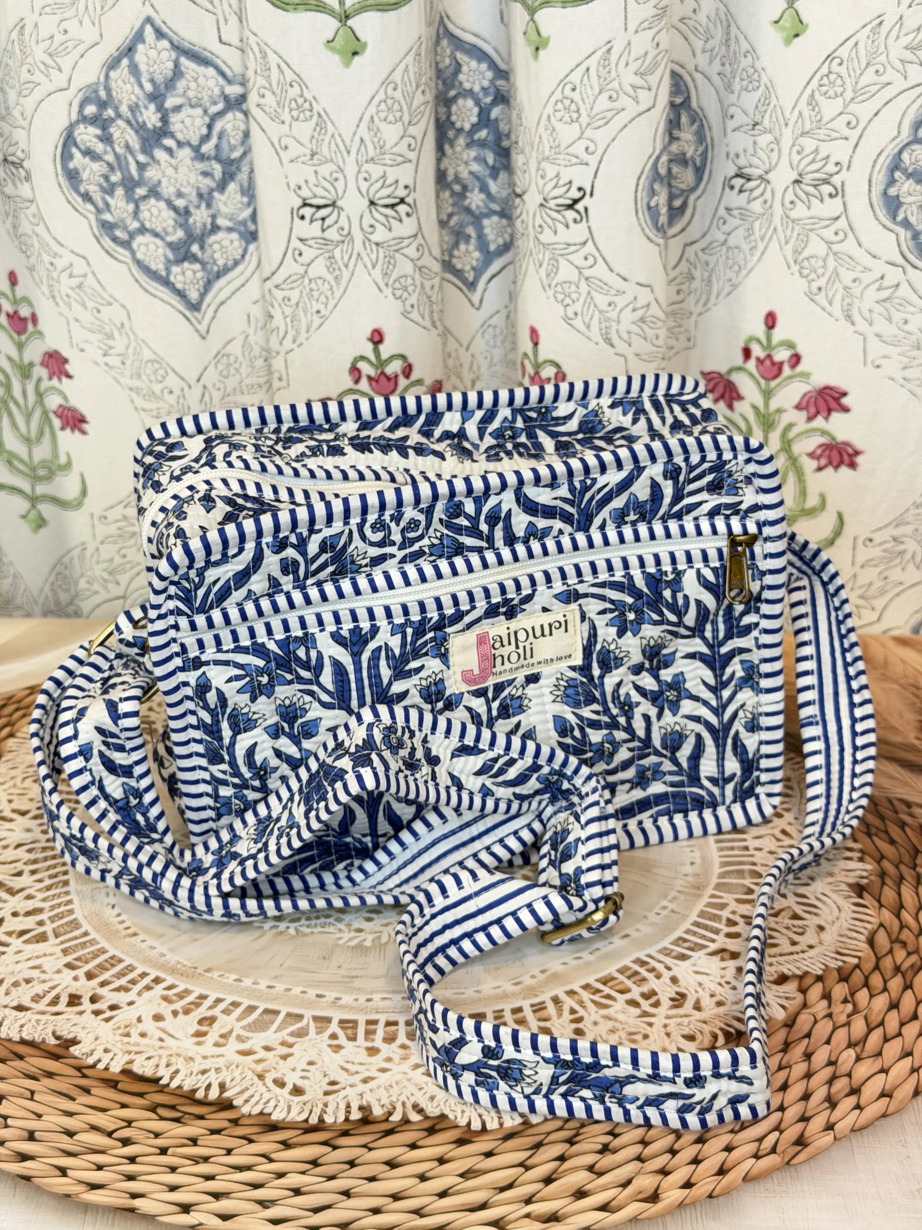 Jaipur Block Print Cotton Sling Bags - Blue Floral Leaves