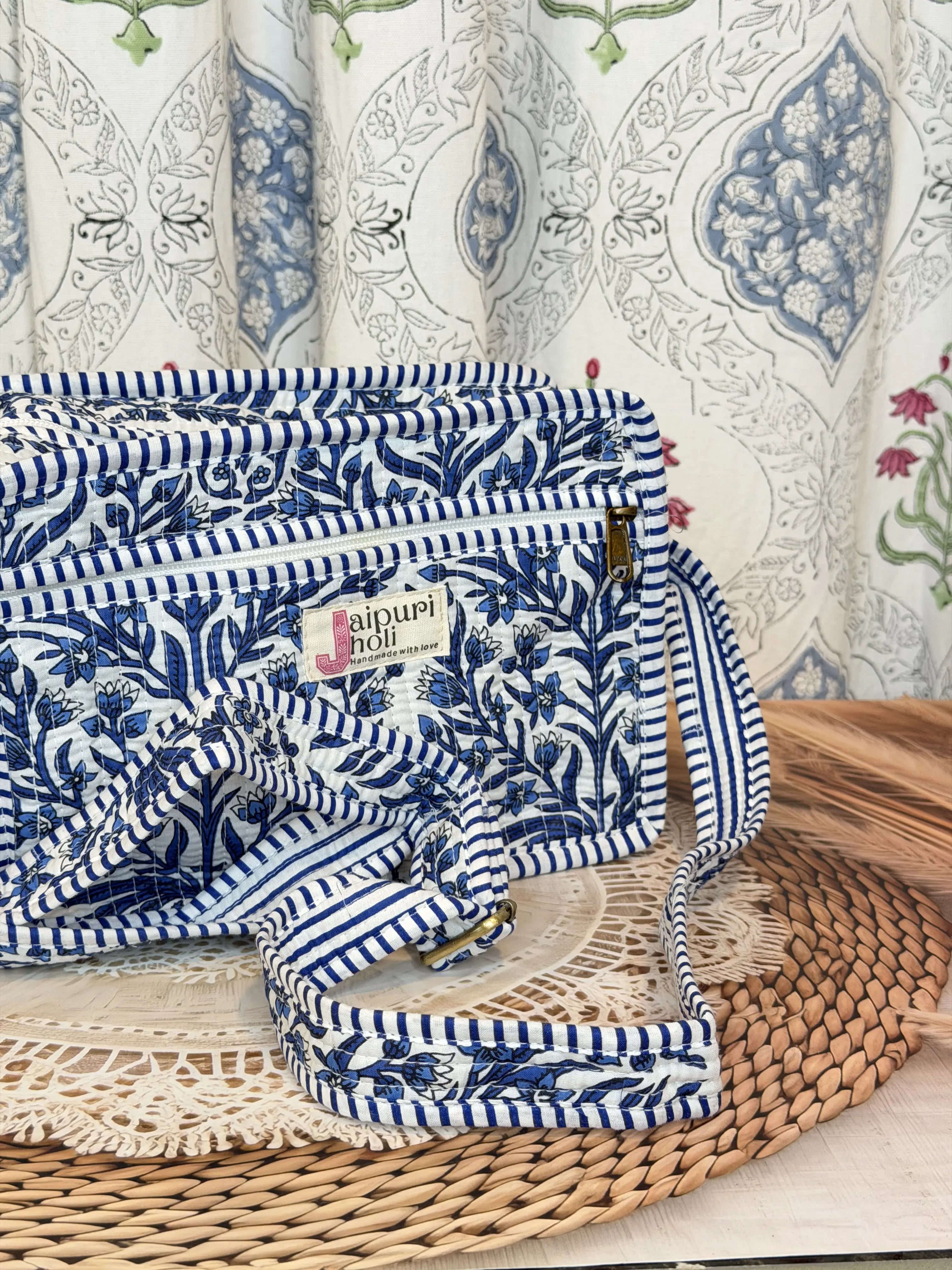 Jaipur Block Print Cotton Sling Bags - Blue Floral Leaves