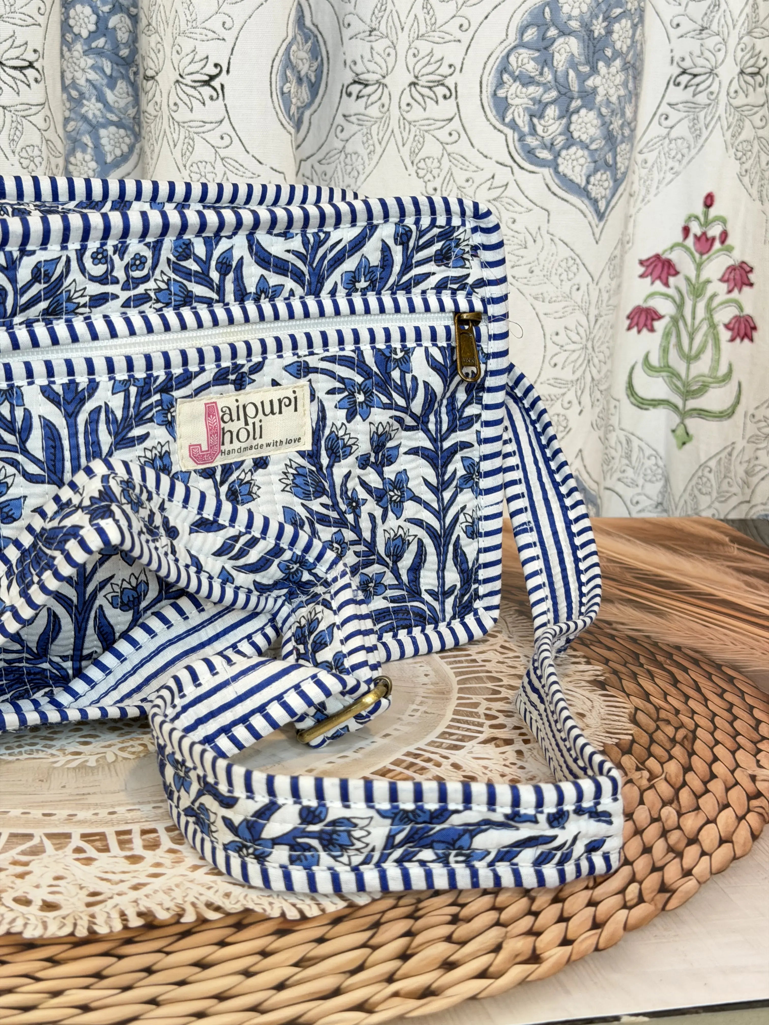 Jaipur Block Print Cotton Sling Bags - Blue Floral Leaves