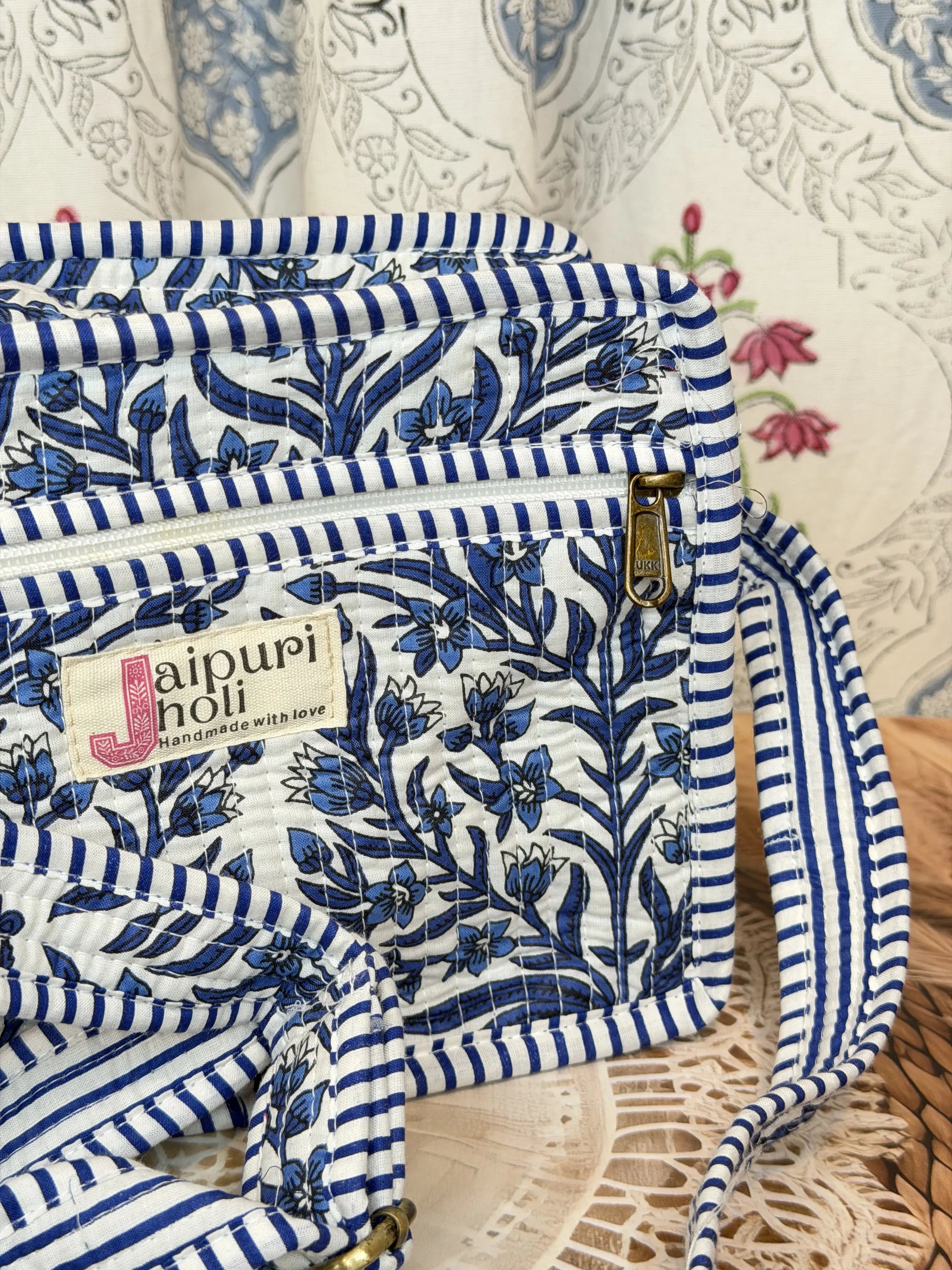 Jaipur Block Print Cotton Sling Bags - Blue Floral Leaves