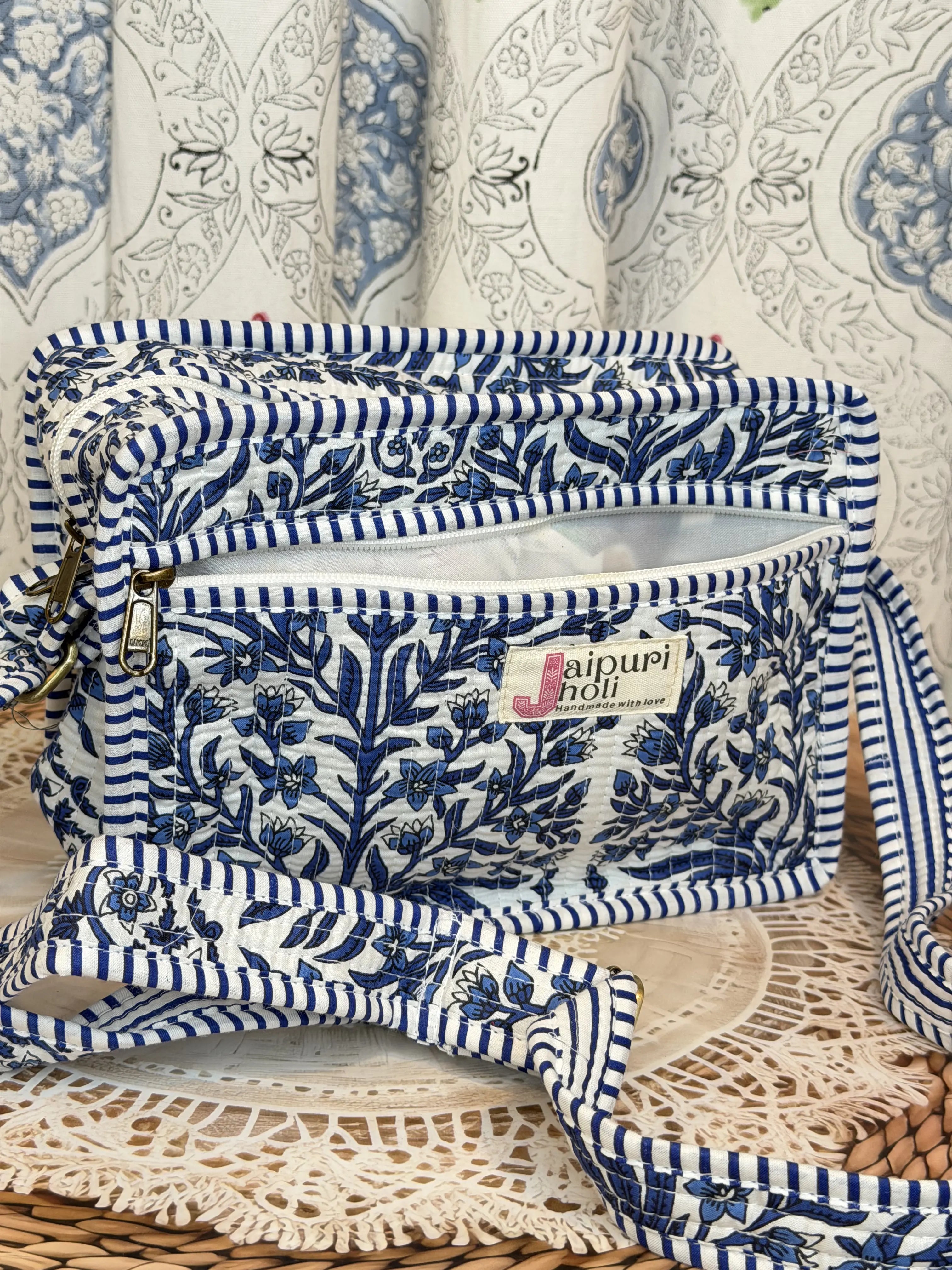 Jaipur Block Print Cotton Sling Bags - Blue Floral Leaves