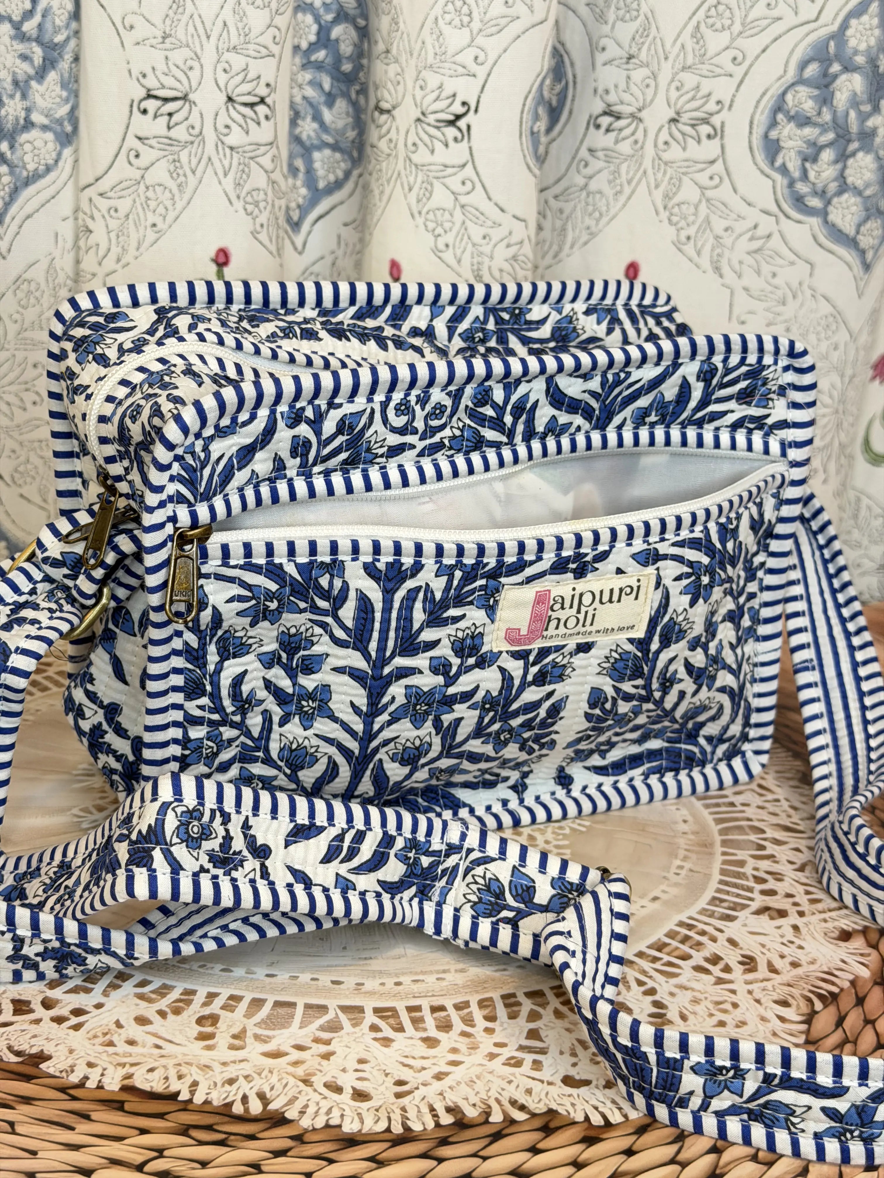 Jaipur Block Print Cotton Sling Bags - Blue Floral Leaves
