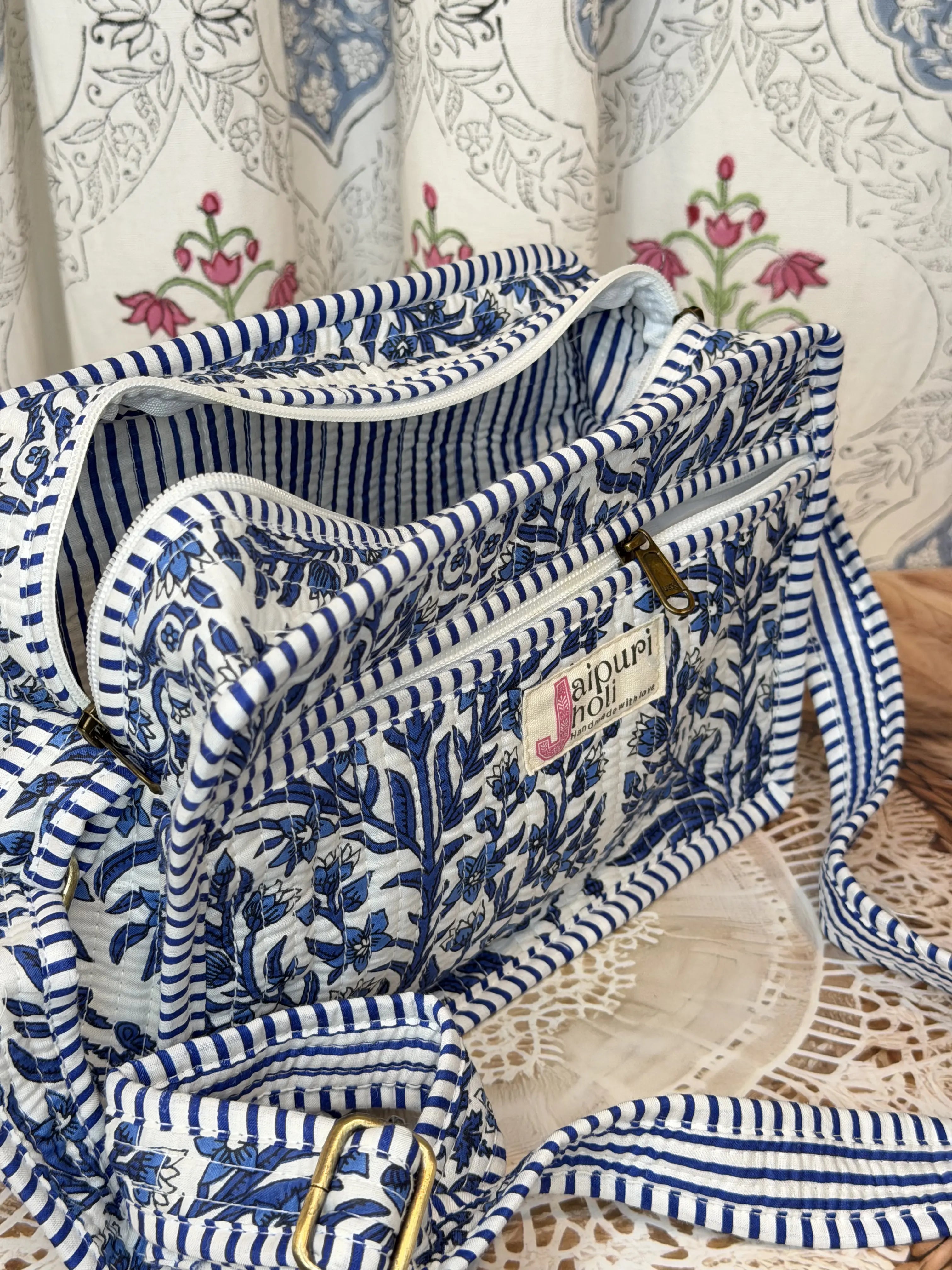 Jaipur Block Print Cotton Sling Bags - Blue Floral Leaves