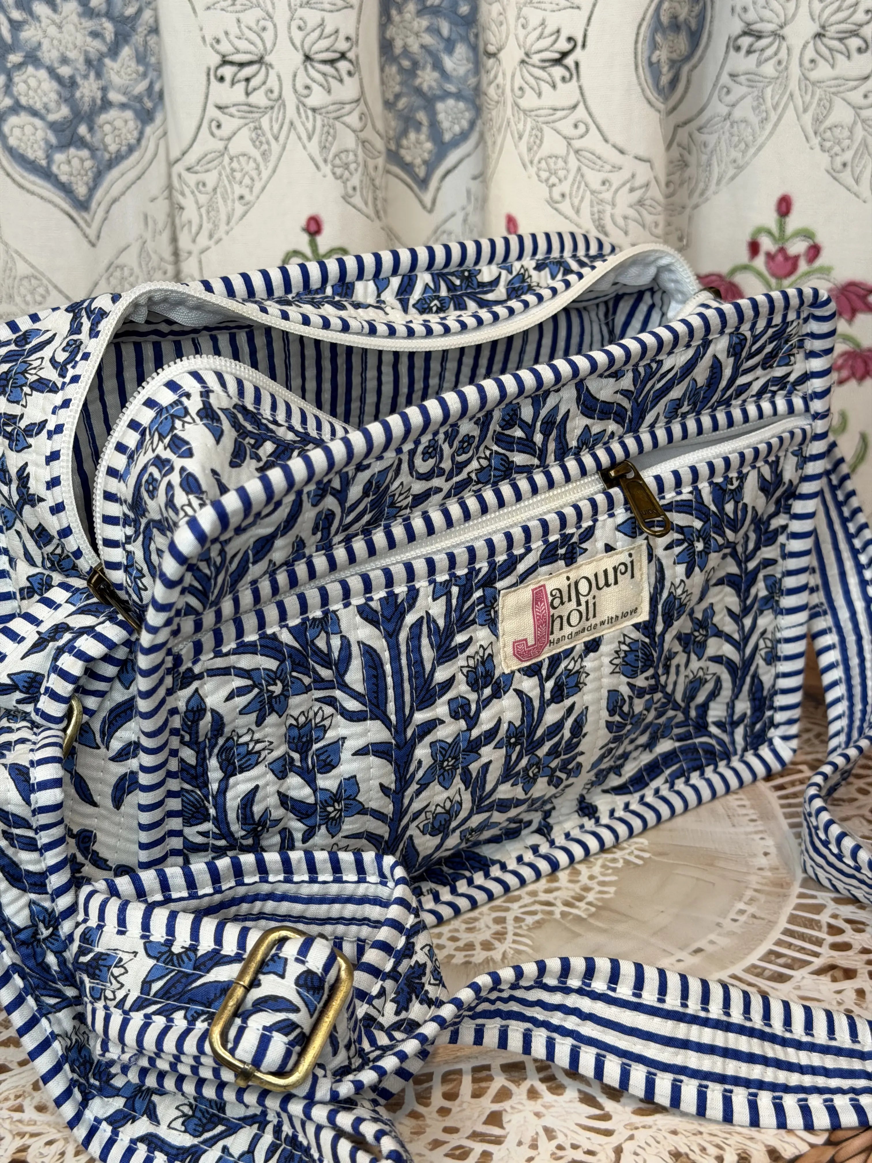 Jaipur Block Print Cotton Sling Bags - Blue Floral Leaves