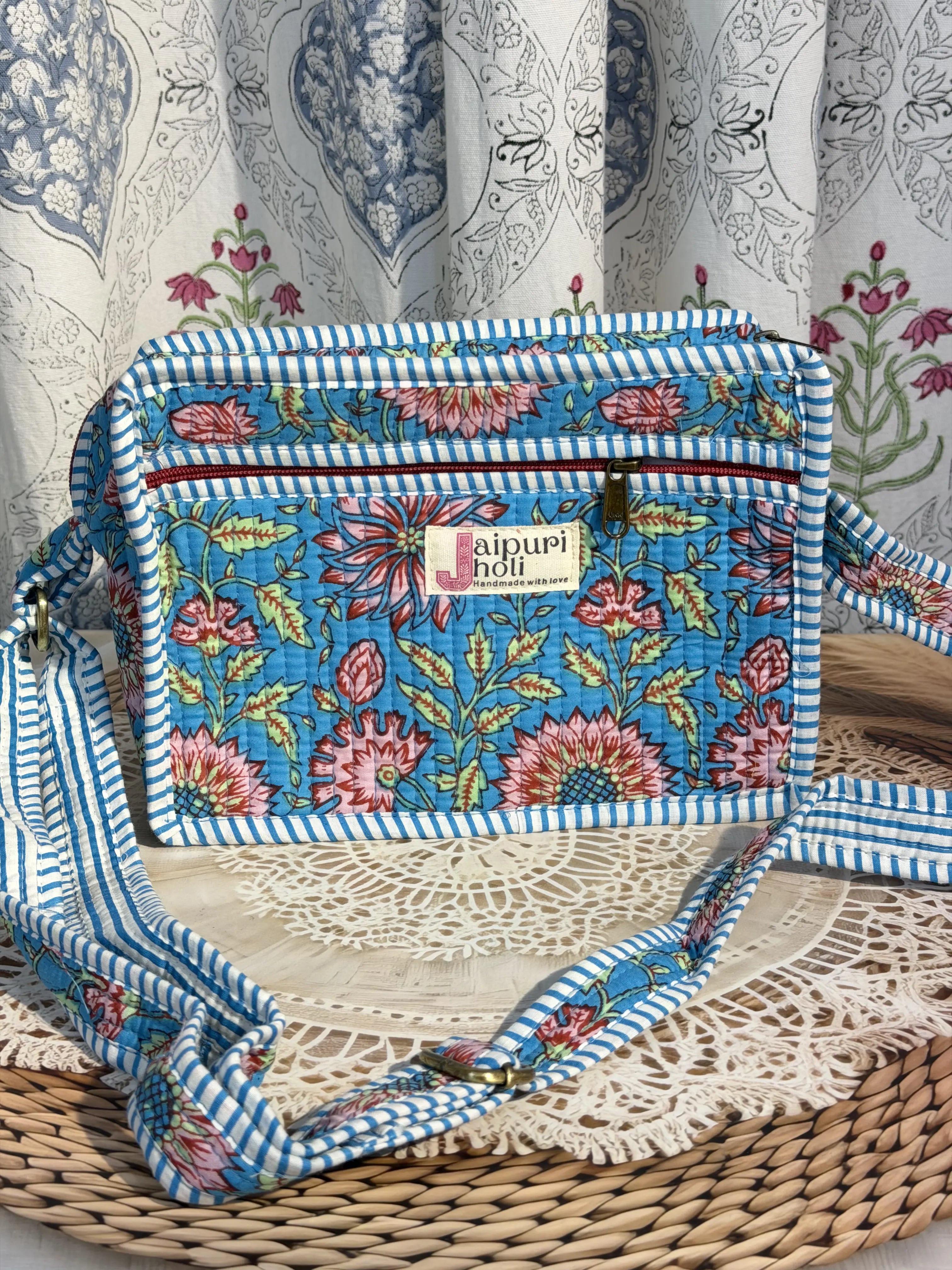 Jaipur Block Print Cotton Sling Bags - Blue Floral