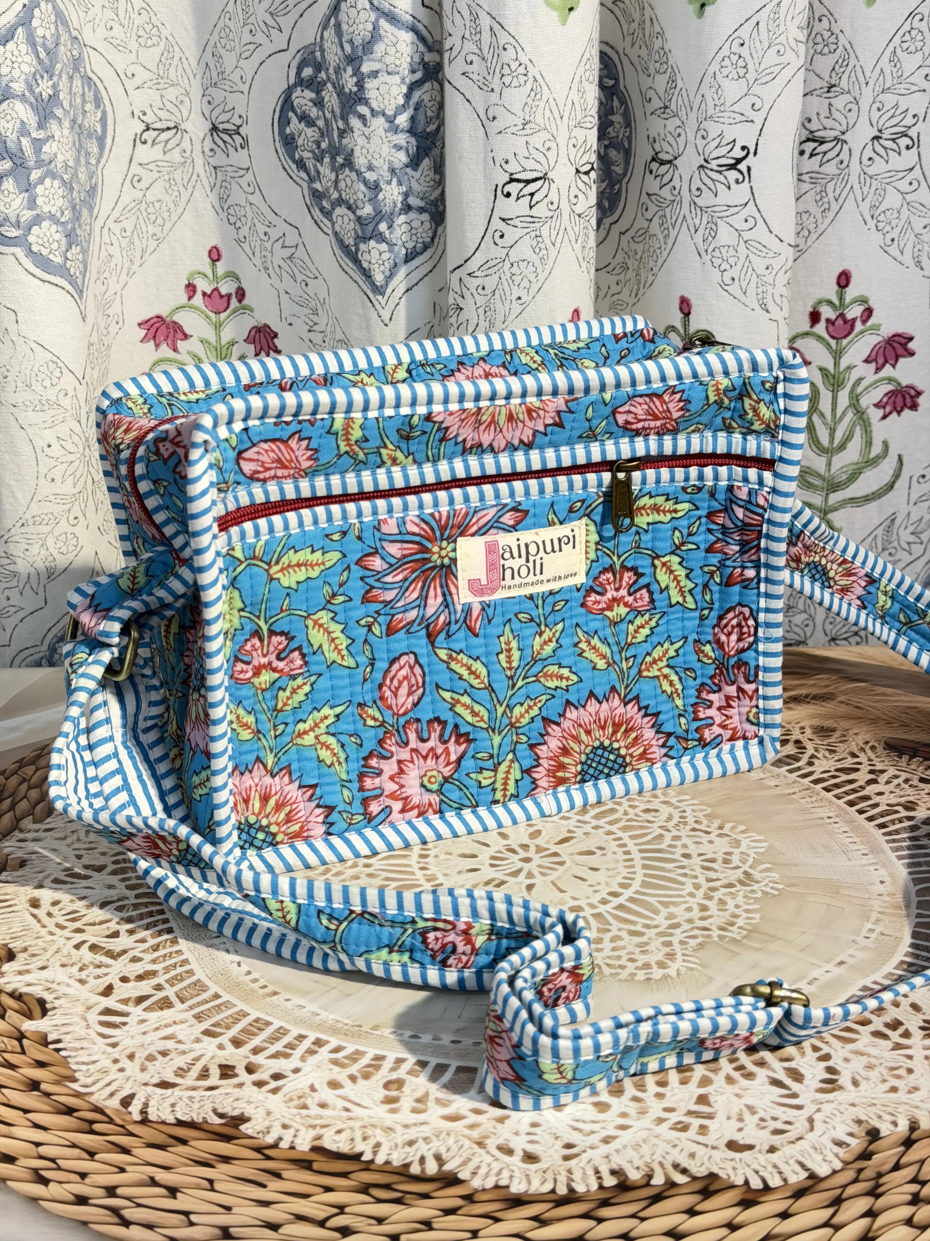 Jaipur Block Print Cotton Sling Bags - Blue Floral