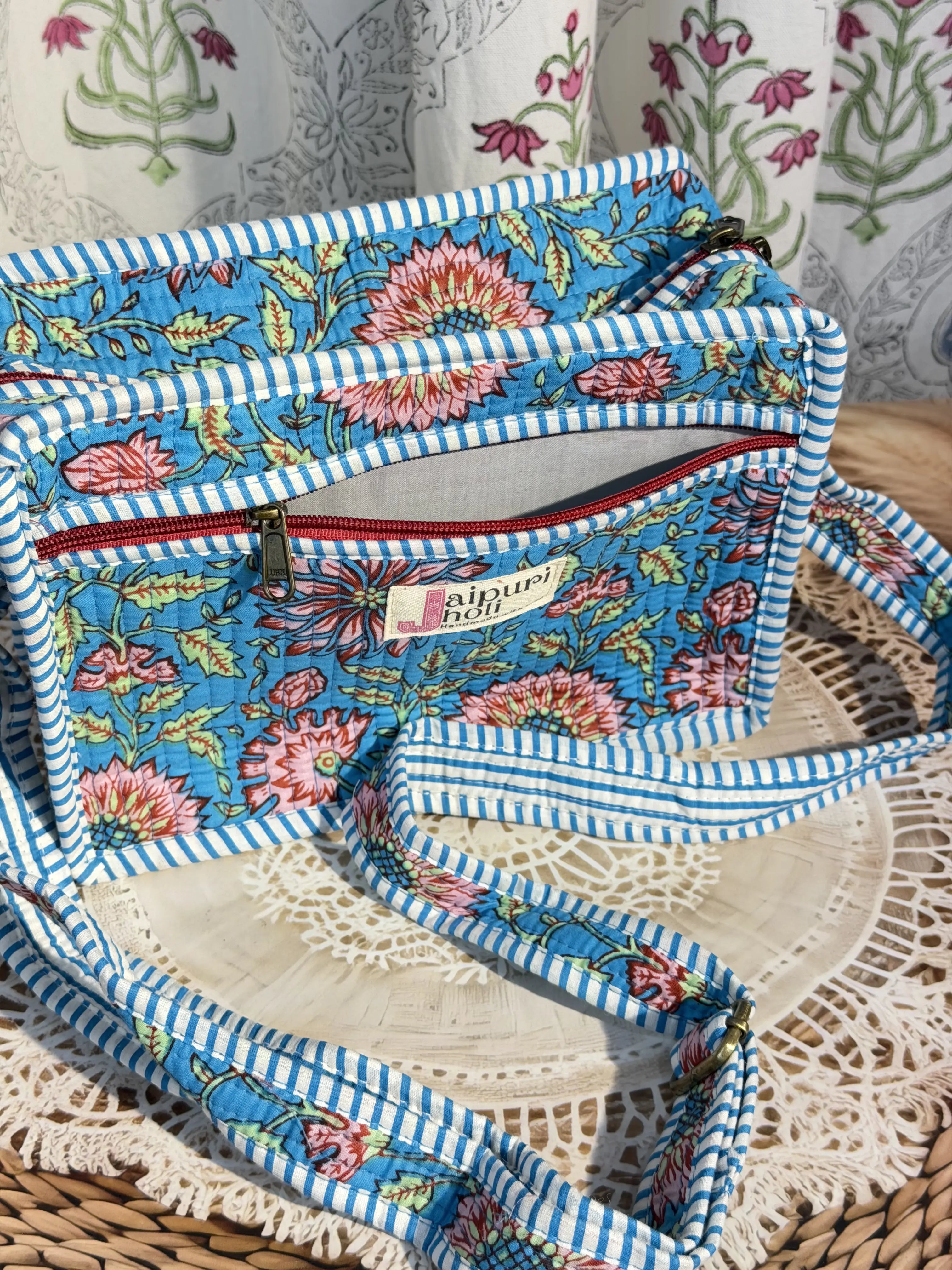 Jaipur Block Print Cotton Sling Bags - Blue Floral