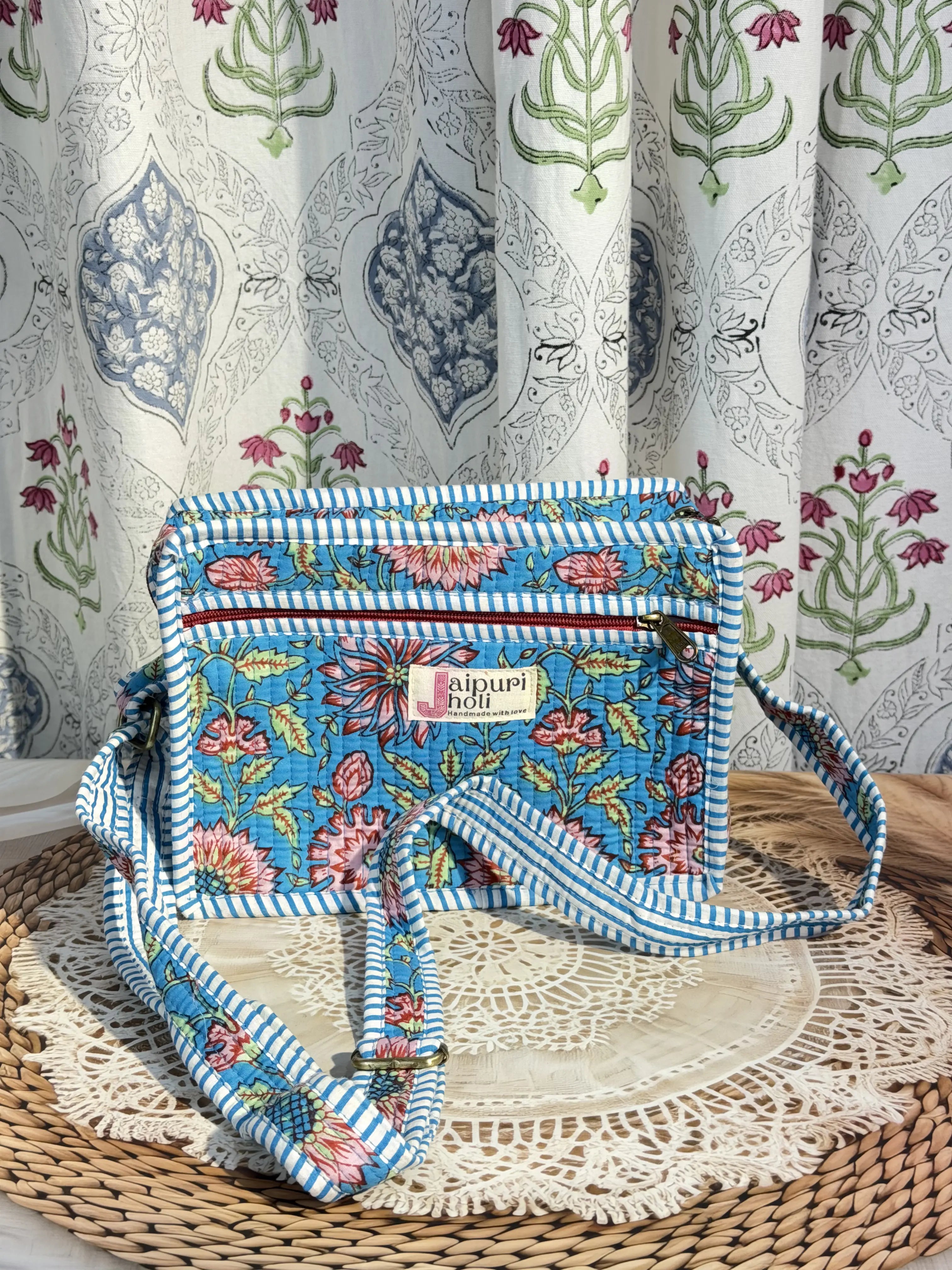Jaipur Block Print Cotton Sling Bags - Blue Floral