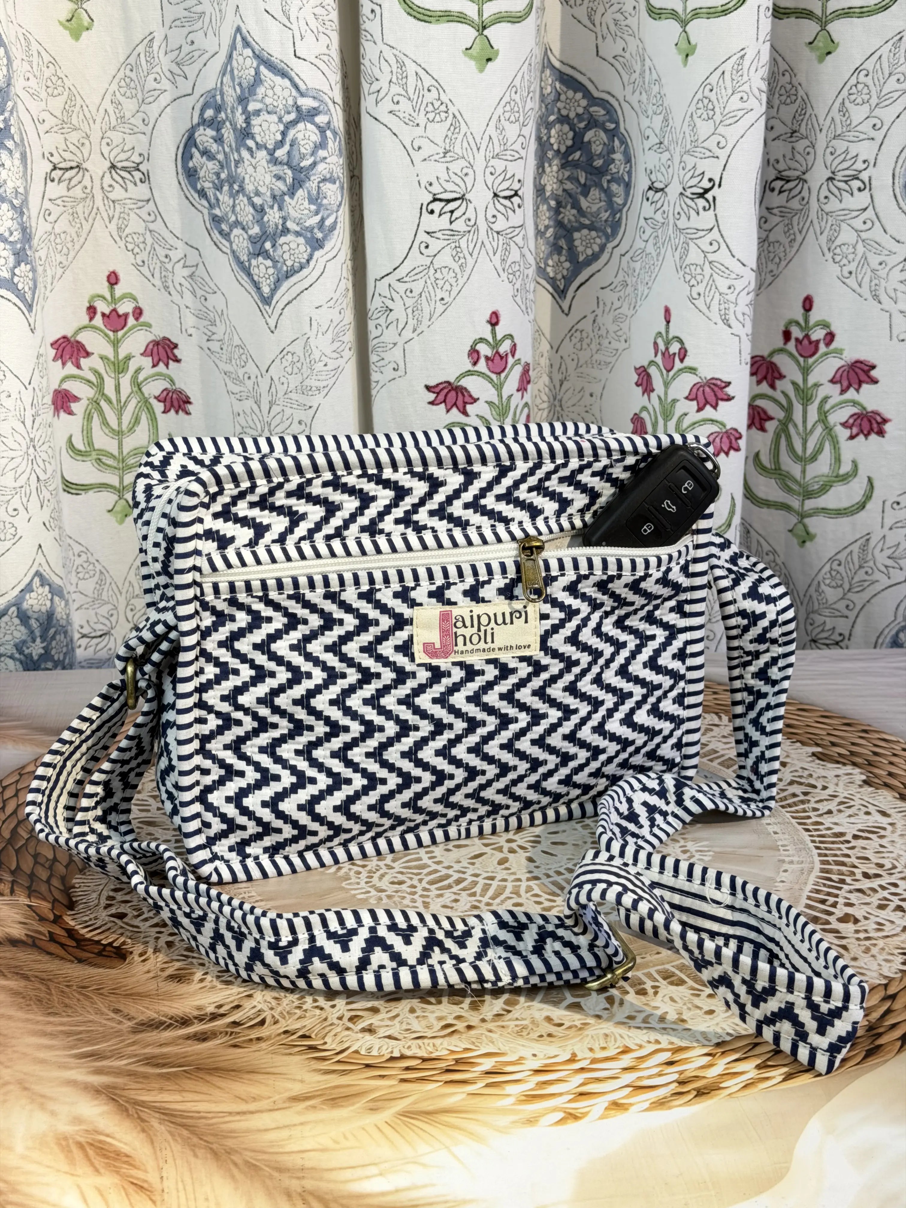 Jaipur Block Print Quilted Travel Makeup Bag for Boys - Blue and White Zigzag Front View