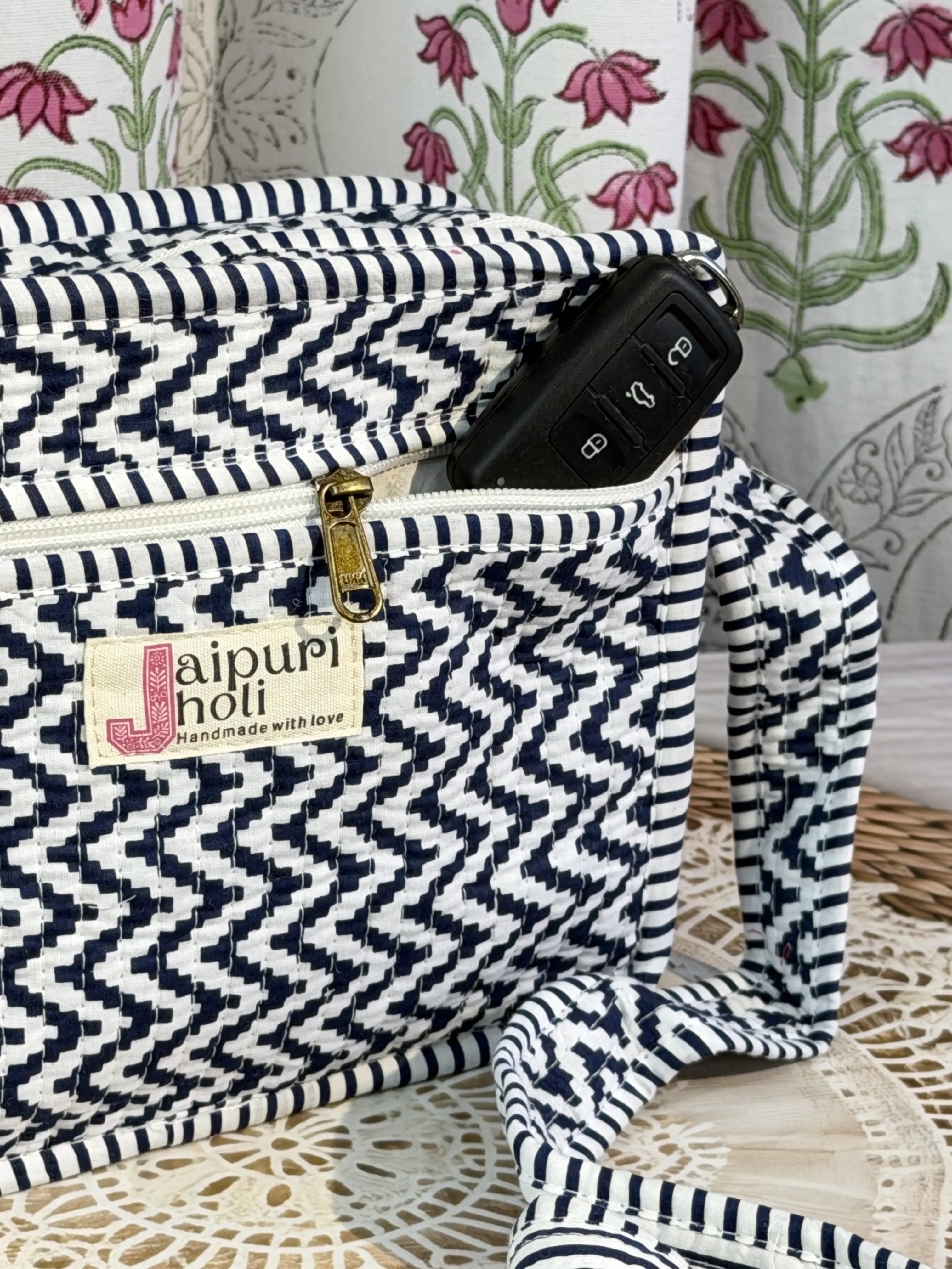 Jaipur Block Print Quilted Travel Makeup Bag for Boys - Blue and White Zigzag Close-Up View