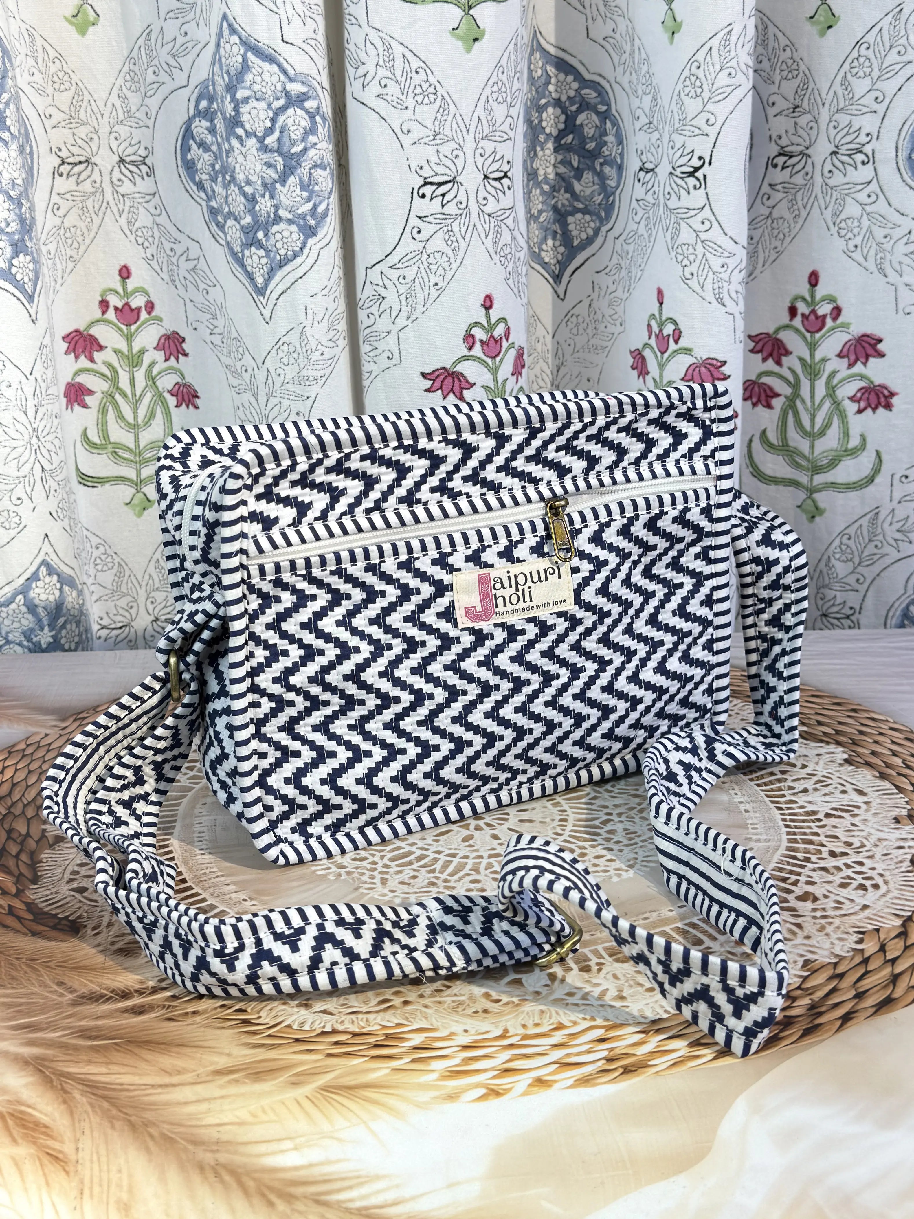 Jaipur Block Print Quilted Travel Makeup Bag for Boys - Blue and White Zigzag Side View