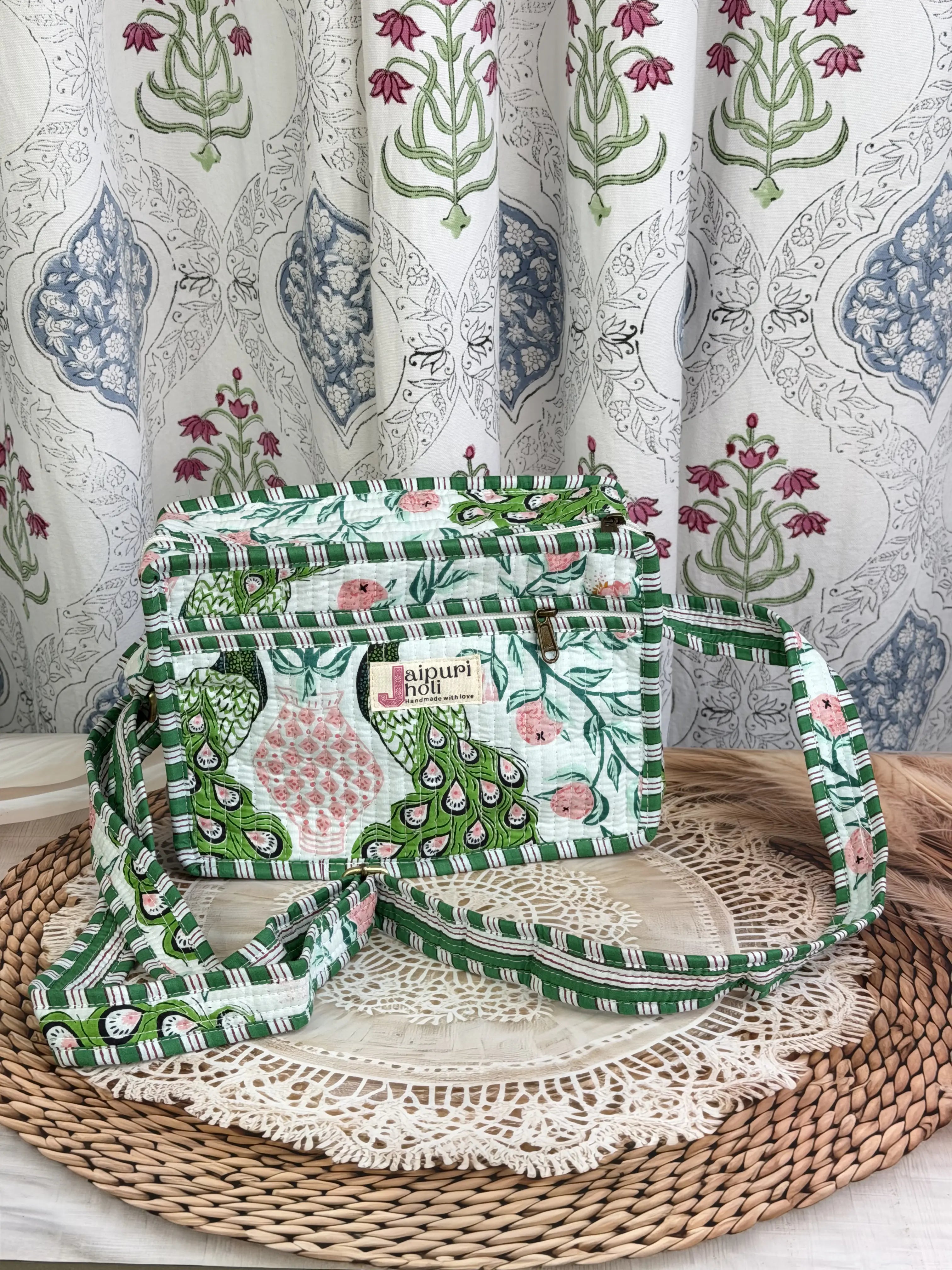 Jaipur Block Print Cotton Quilted Sling Bag - Green Pink Peacock print Front View
