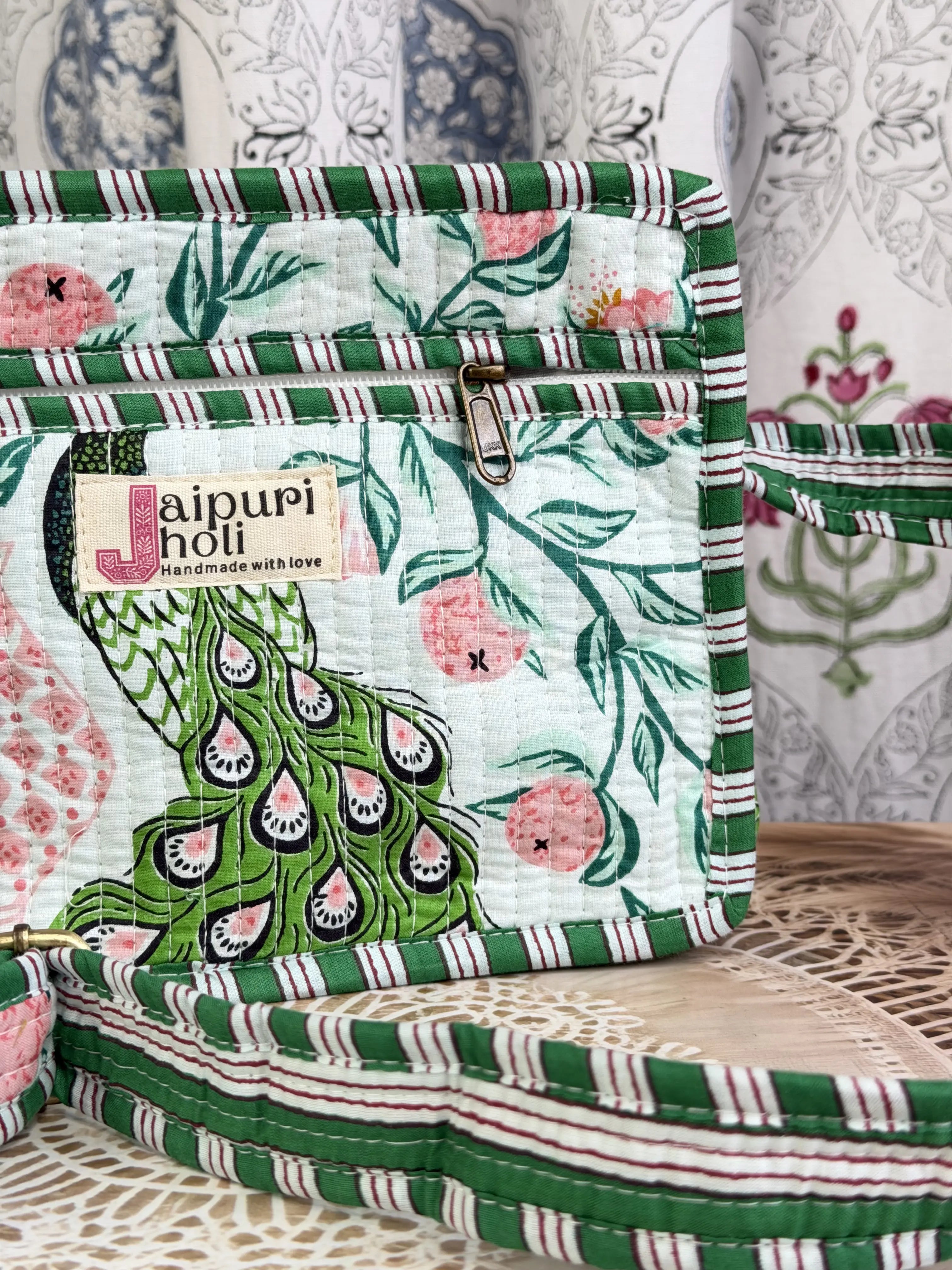 Jaipur Block Print Cotton Quilted Sling Bag - Green Pink Peacock print Close-Up View