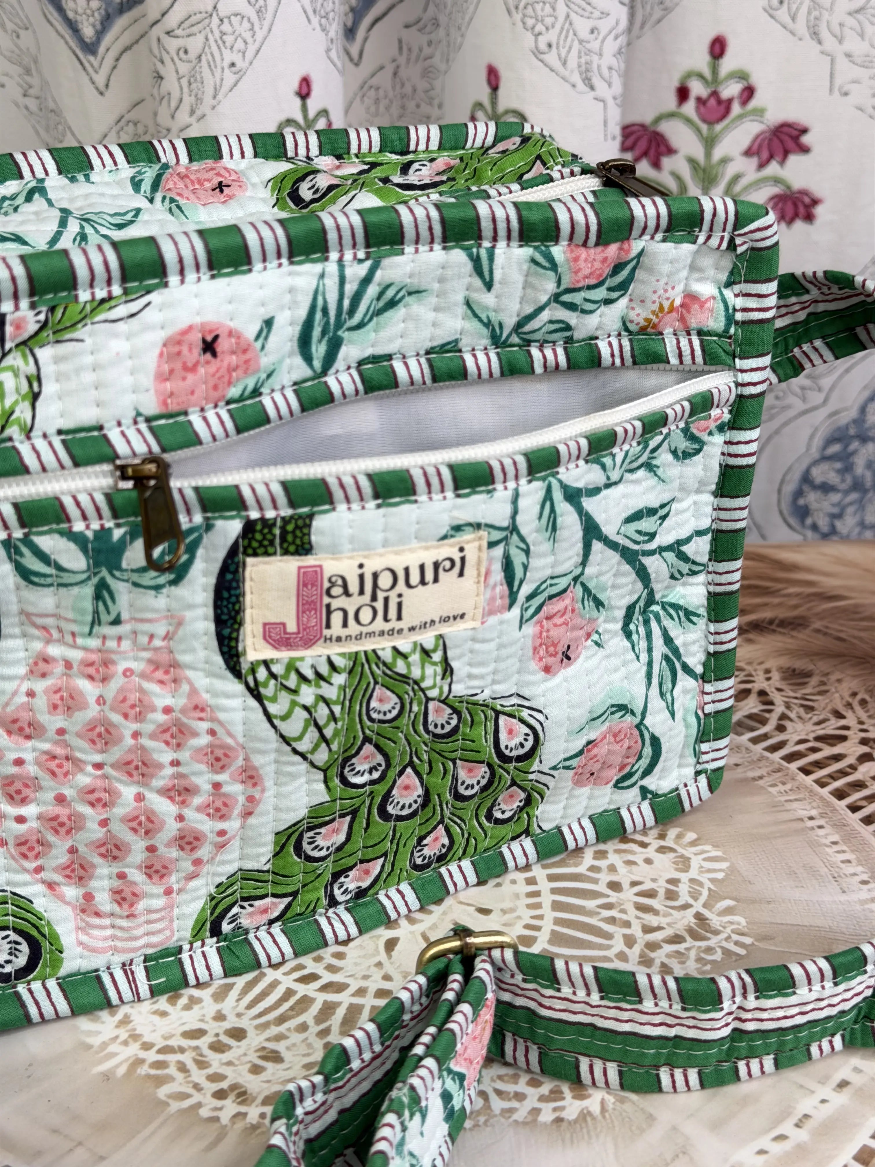 Jaipur Block Print Cotton Sling Bags - Green Pink Peacock