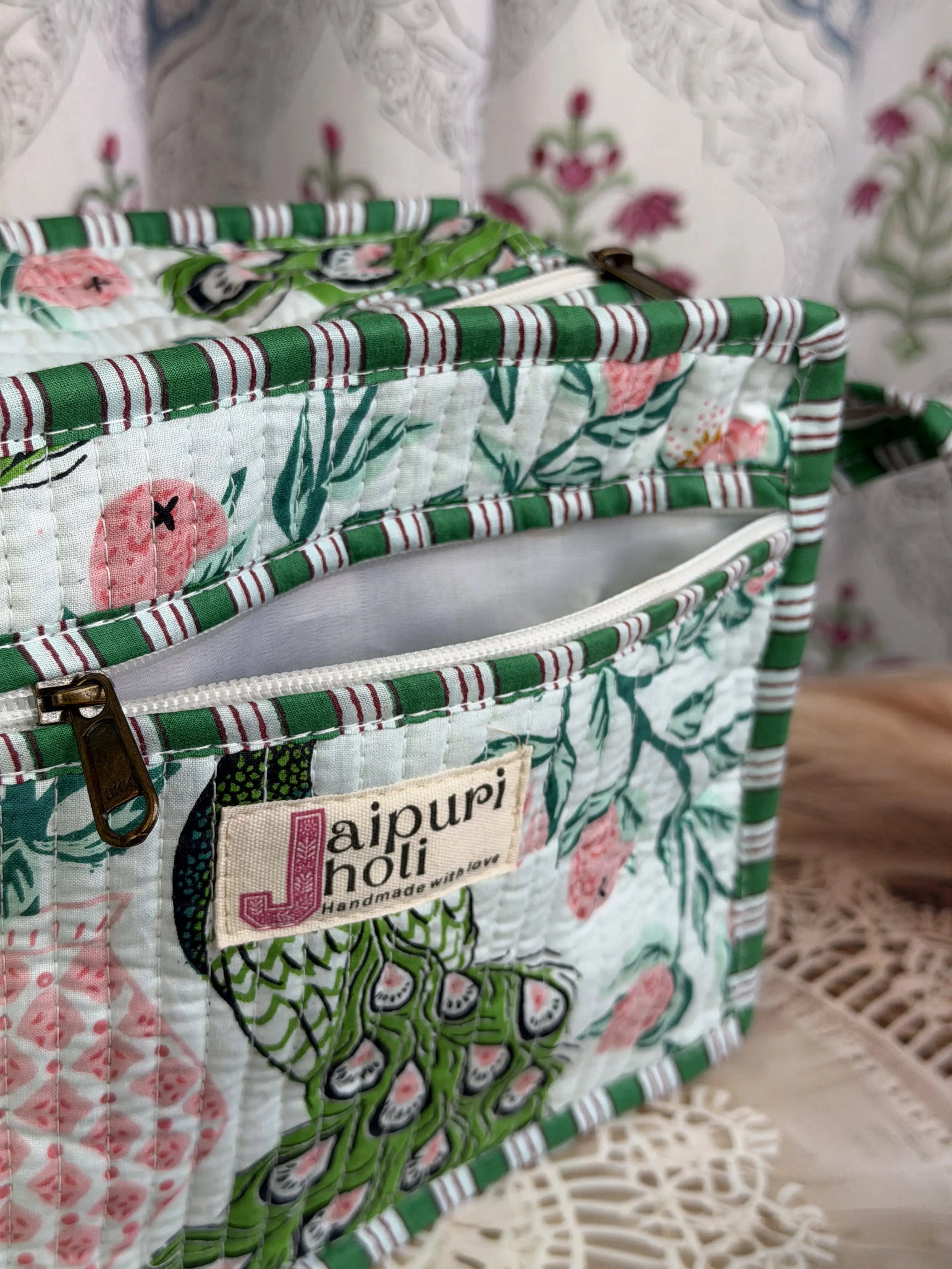 Jaipur Block Print Cotton Quilted Sling Bag - Green Pink Peacock print Interior View