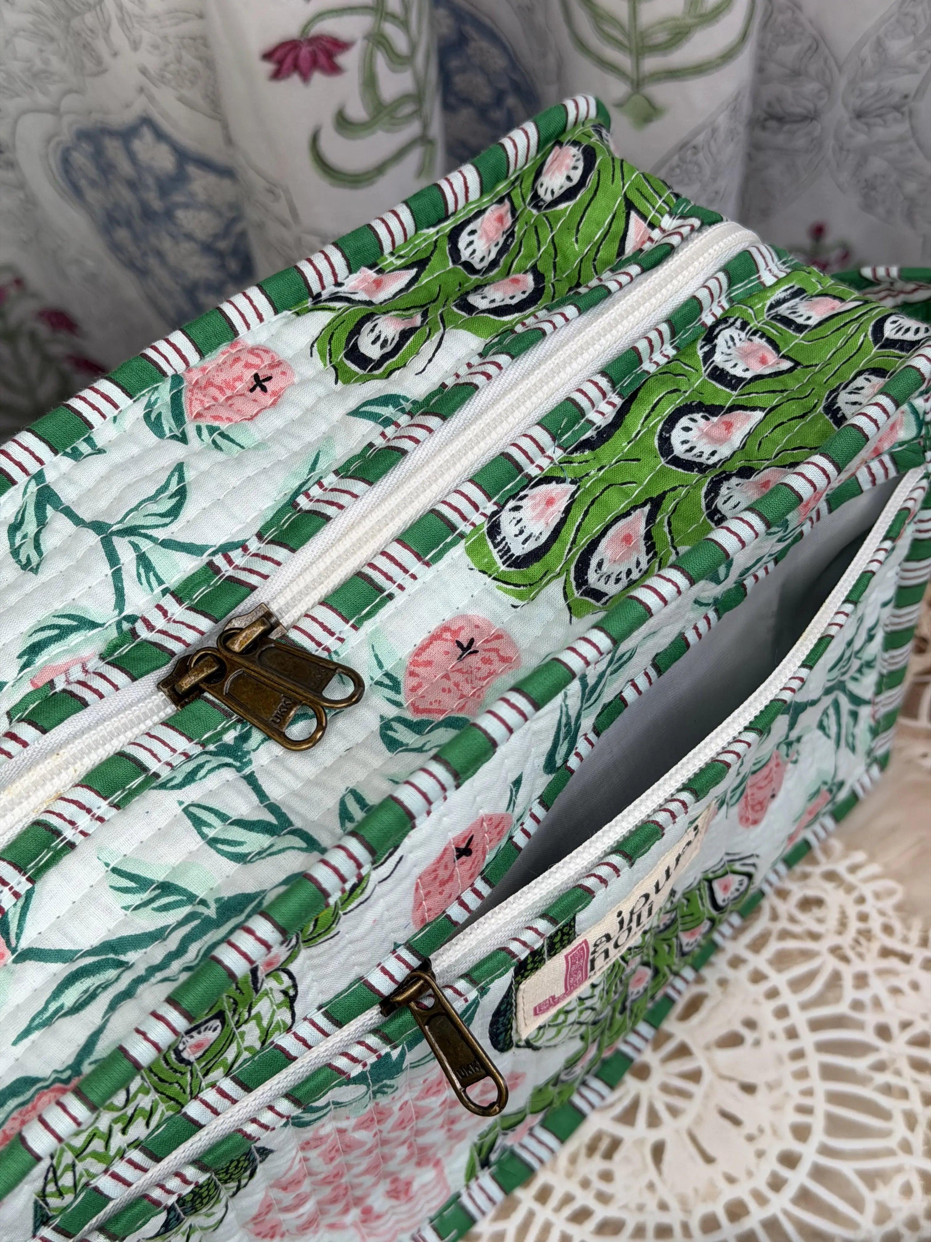 Jaipur Block Print Cotton Quilted Sling Bag - Green Pink Peacock Back View