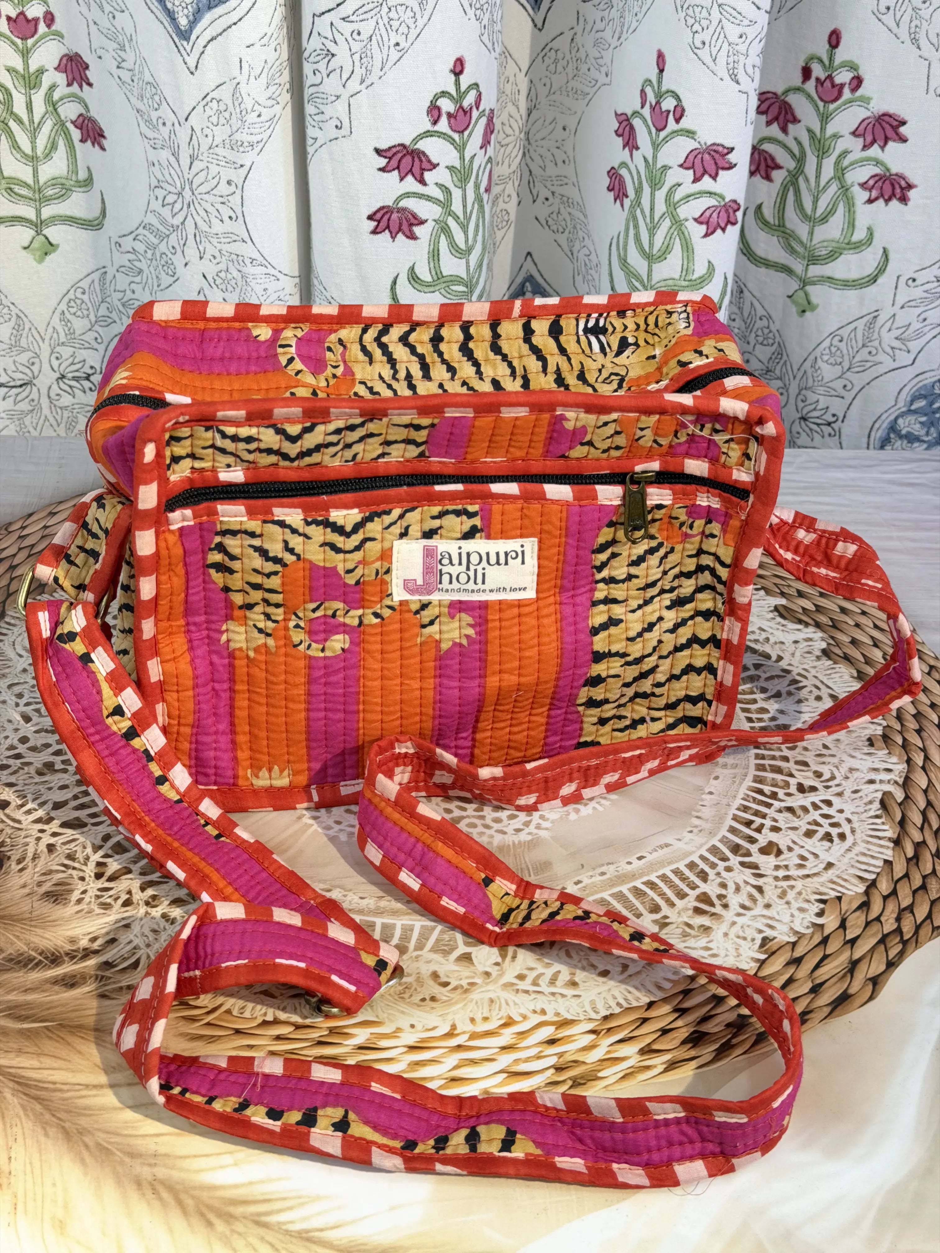 Jaipur Block Print Cotton Sling Bags - Orange Pink Tiger