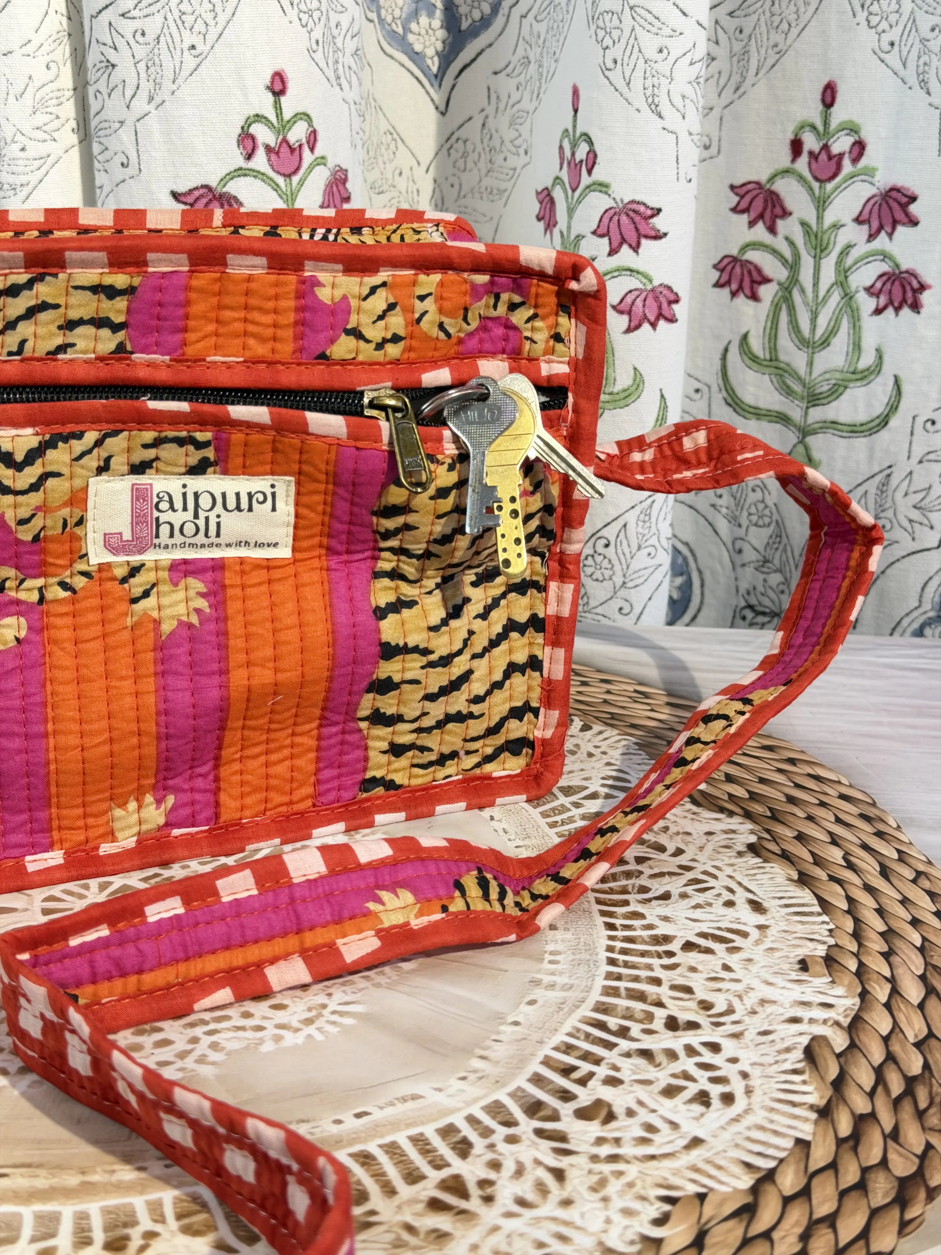Jaipur Block Print Cotton Sling Bags - Orange Pink Tiger