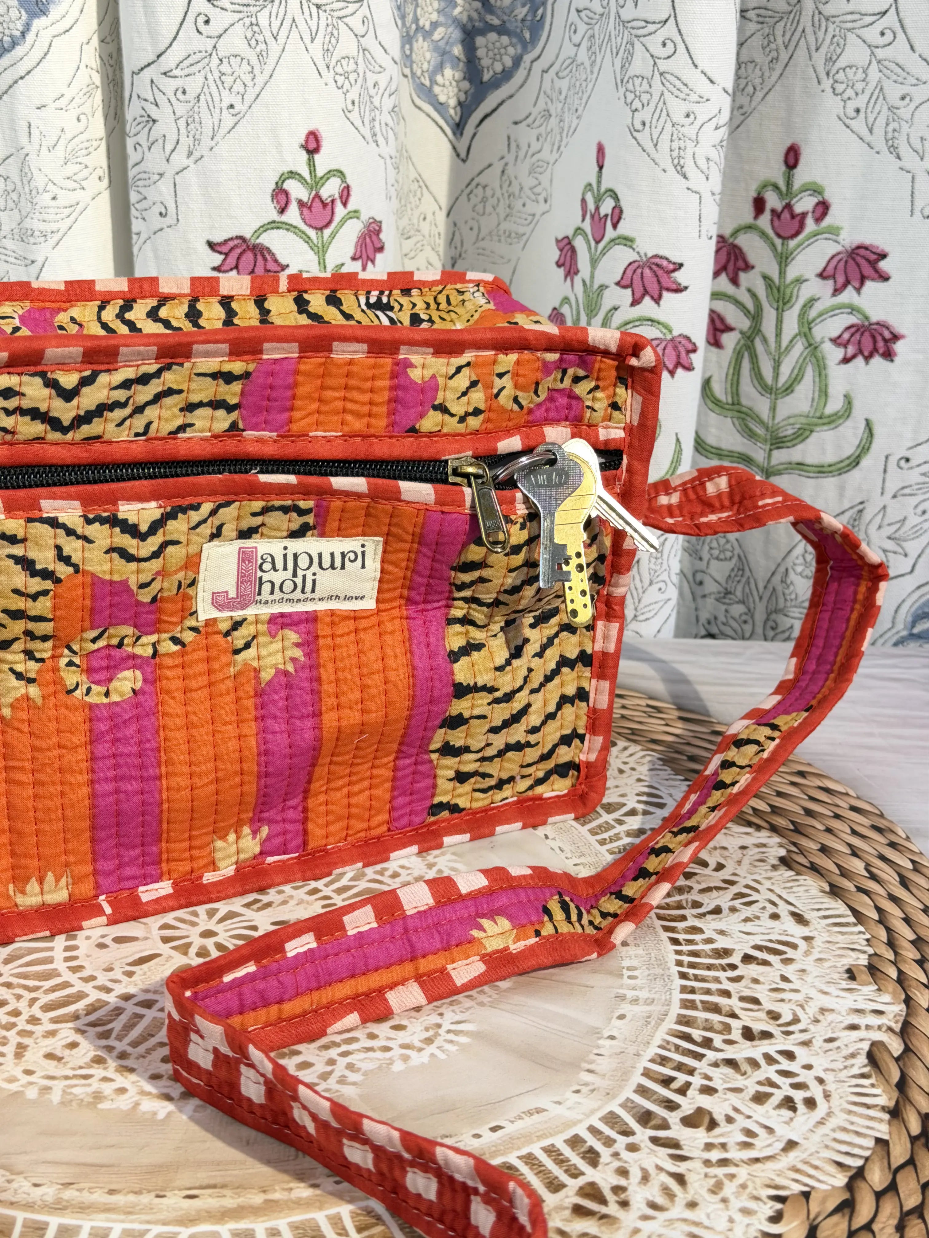 Jaipur Block Print Cotton Sling Bags - Orange Pink Tiger