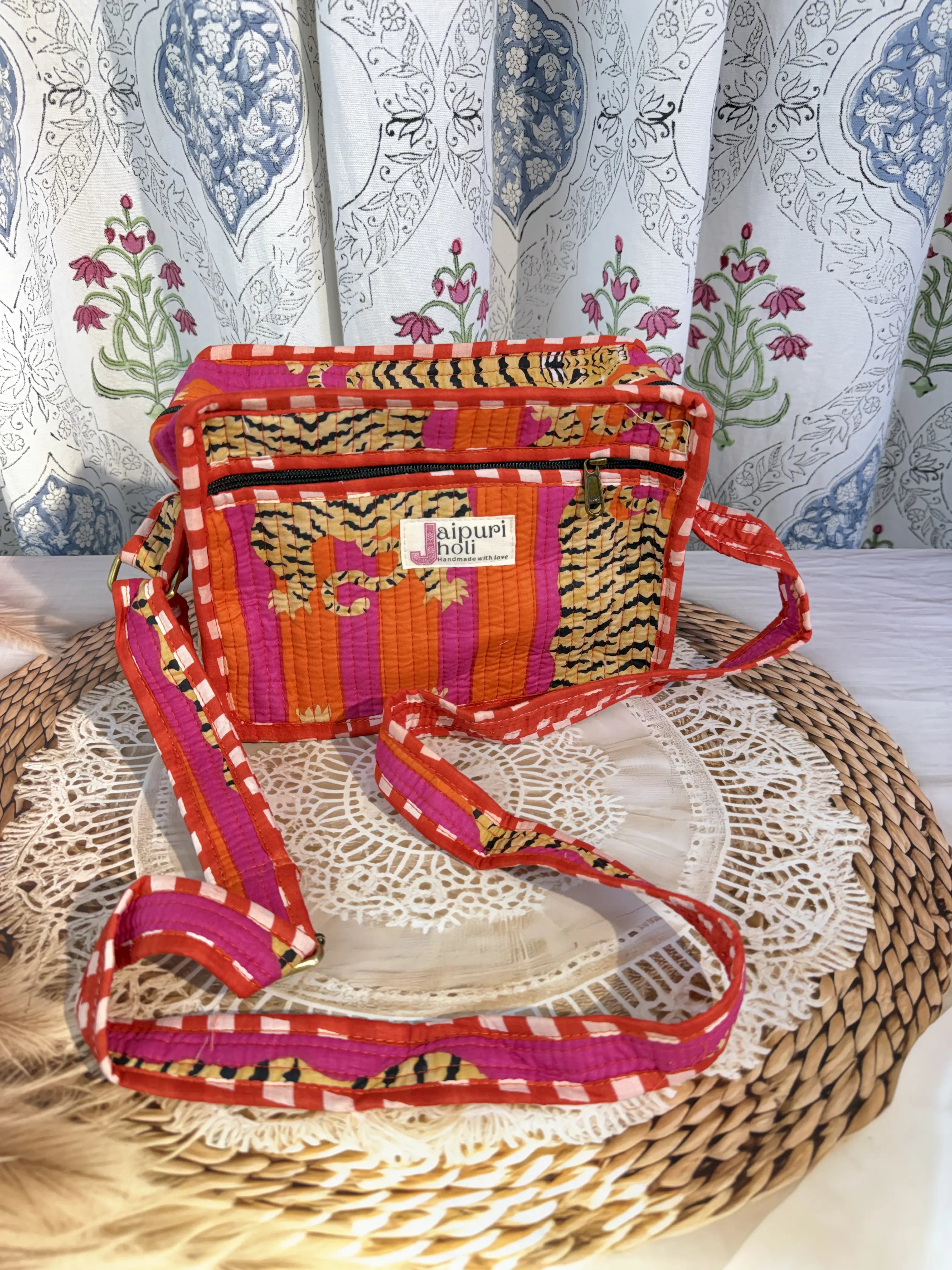 Jaipur Block Print Cotton Sling Bags - Orange Pink Tiger
