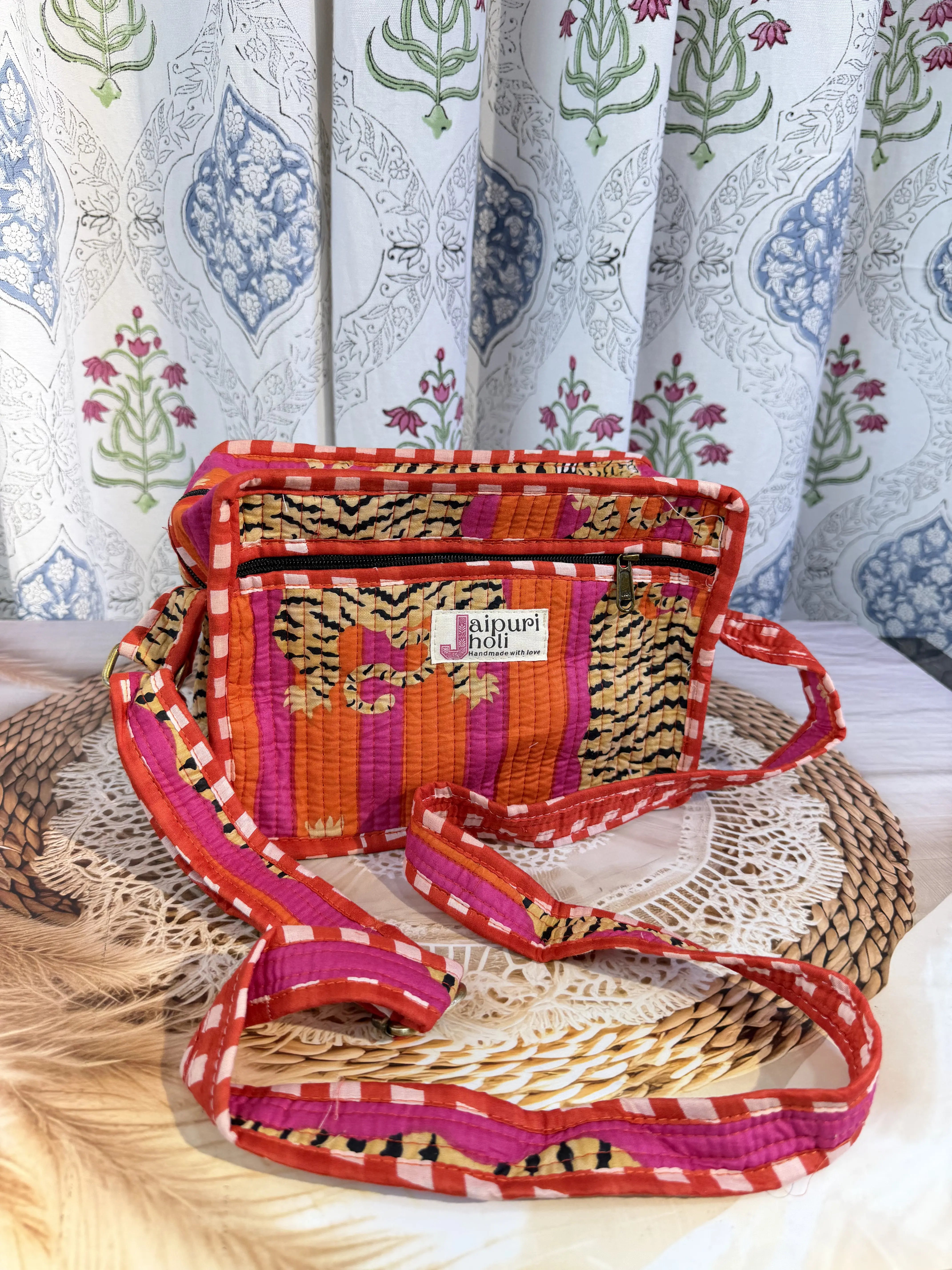 Jaipur Block Print Cotton Sling Bags - Orange Pink Tiger