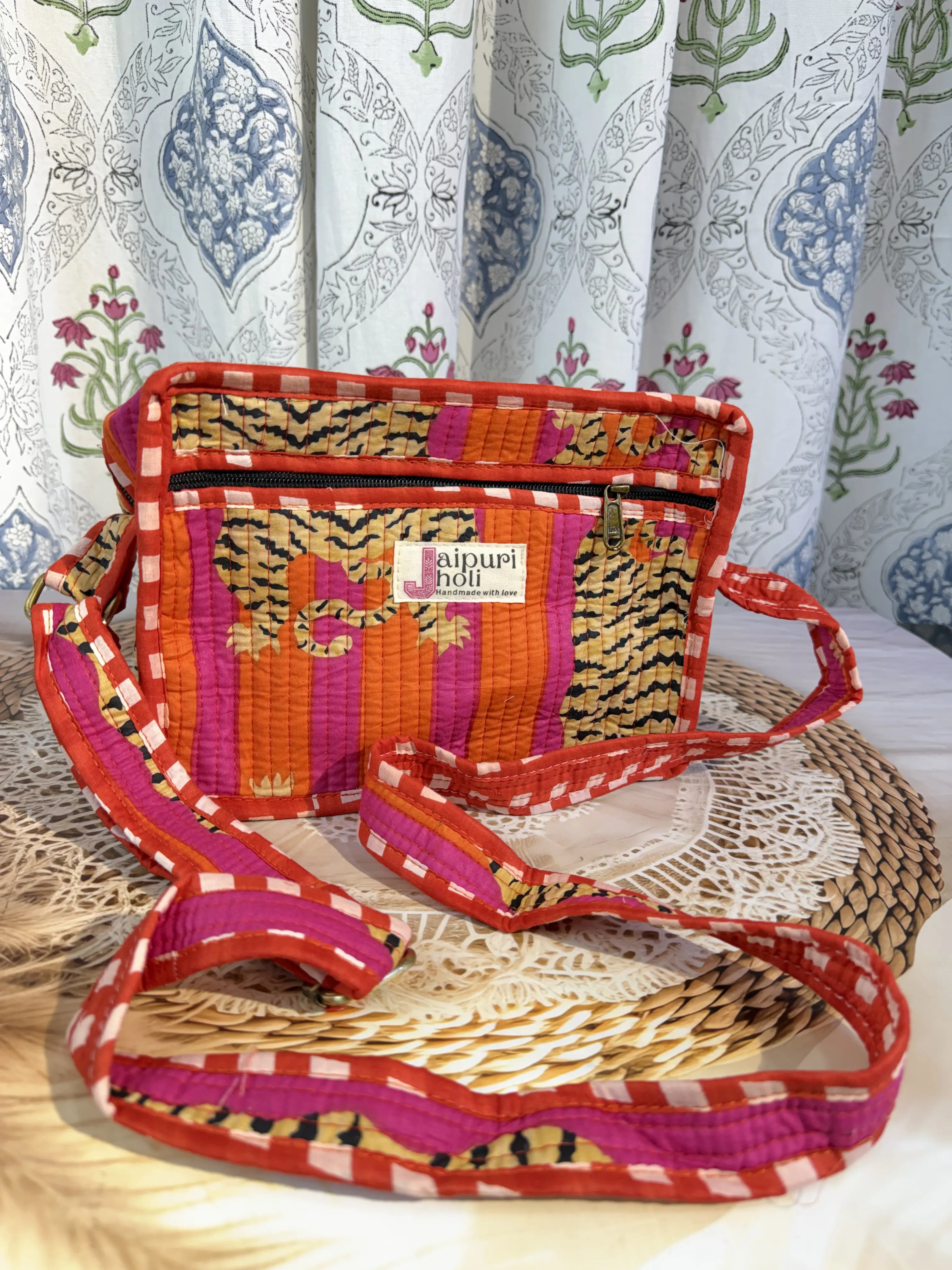 Jaipur Block Print Cotton Sling Bags - Orange Pink Tiger