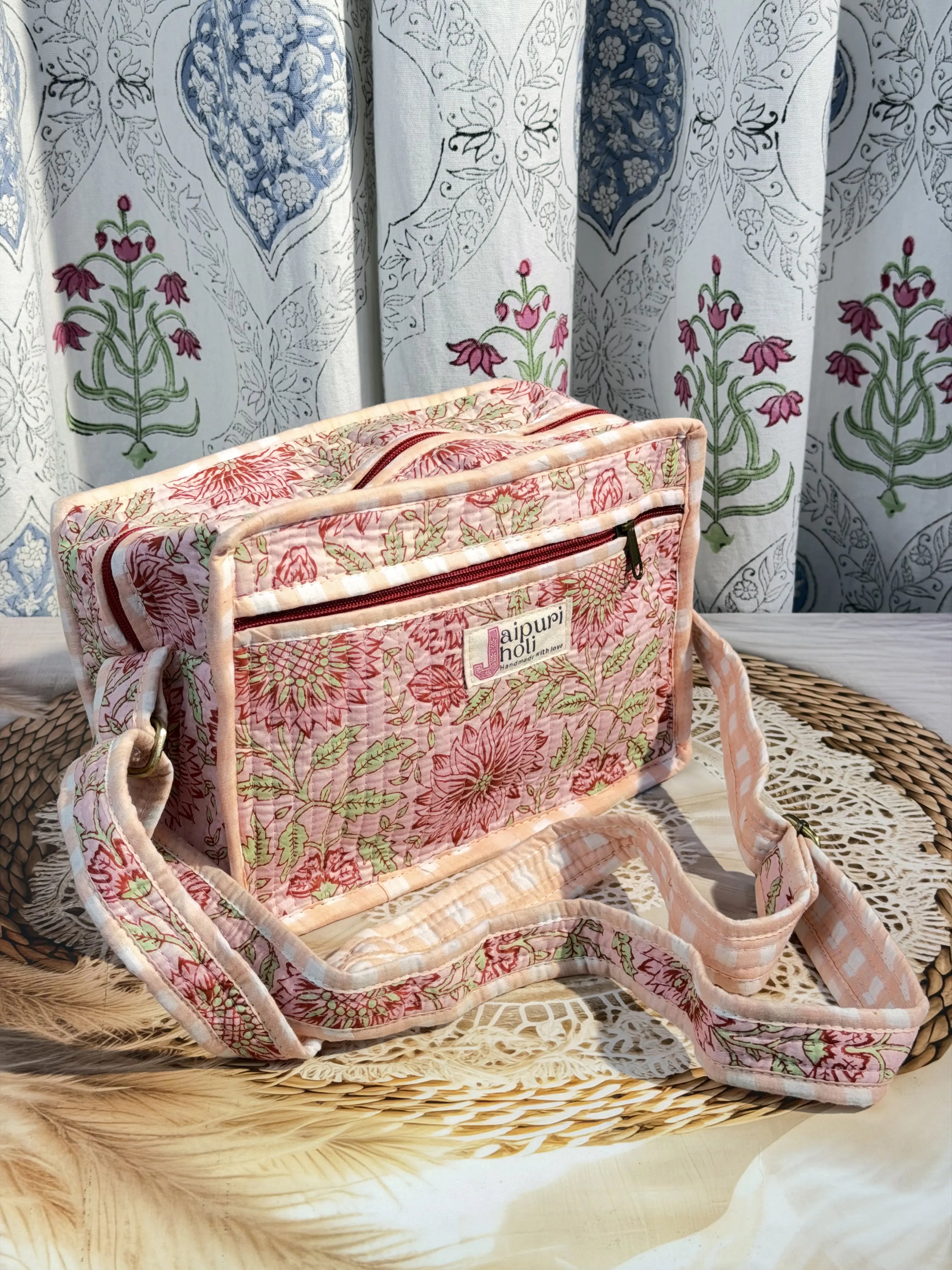 Jaipur Block Print Cotton Quilted Sling Bag -  Peach Pink Floral print Front View
