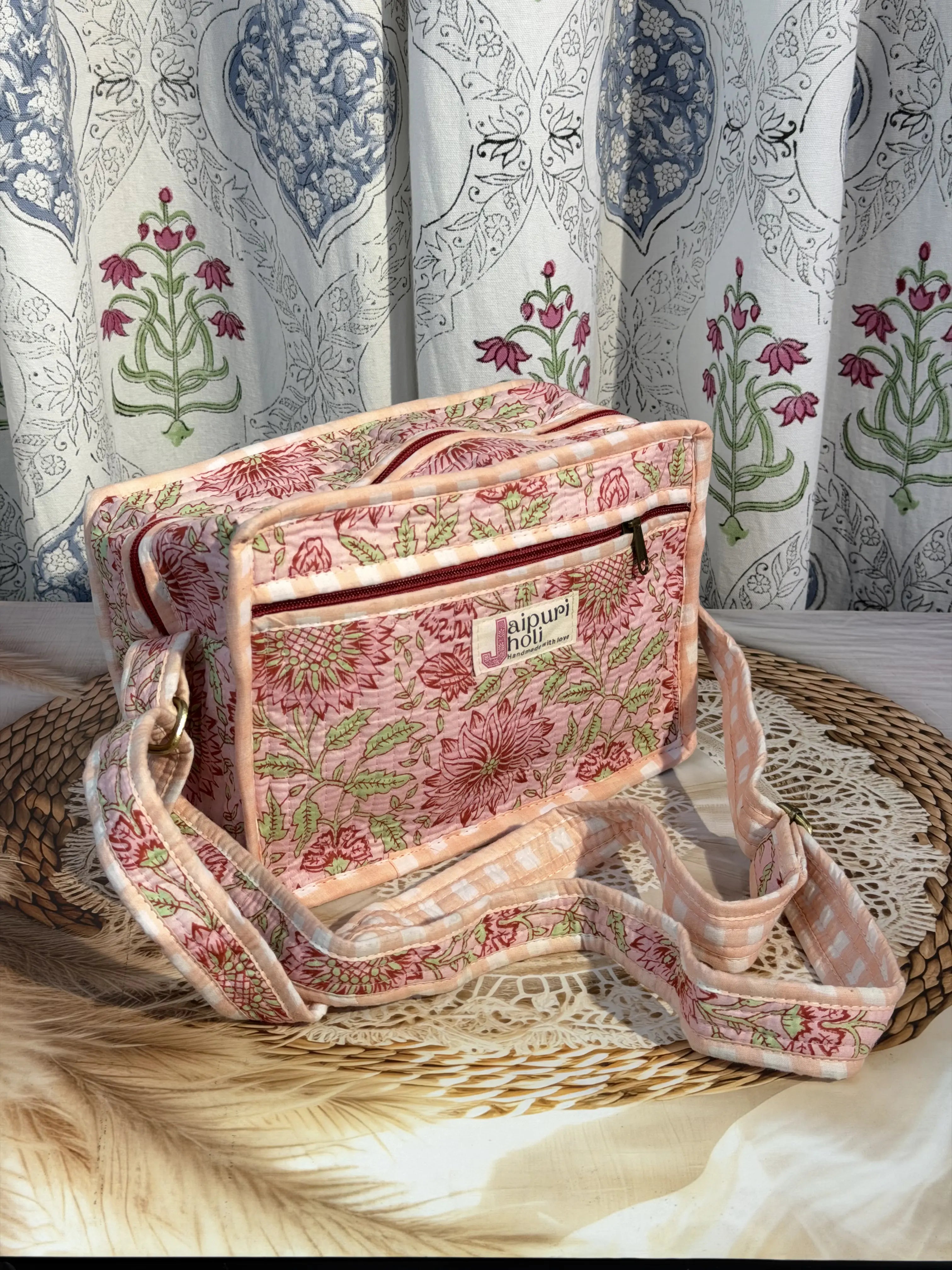 Jaipur Block Print Cotton Quilted Sling Bag -  Peach Pink Floral print Side View