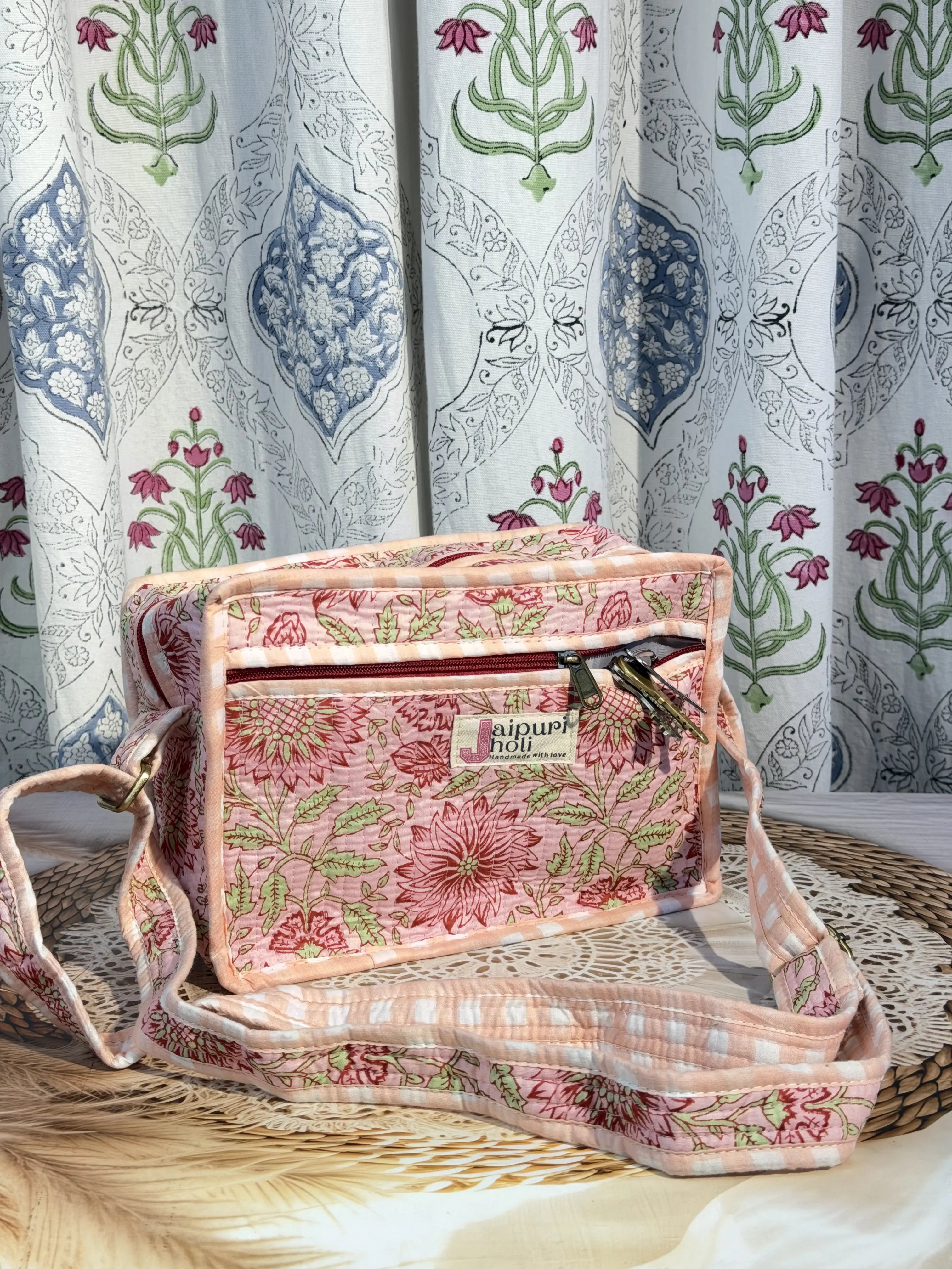 Jaipur Block Print Cotton Quilted Sling Bag -  Peach Pink Floral print Front View