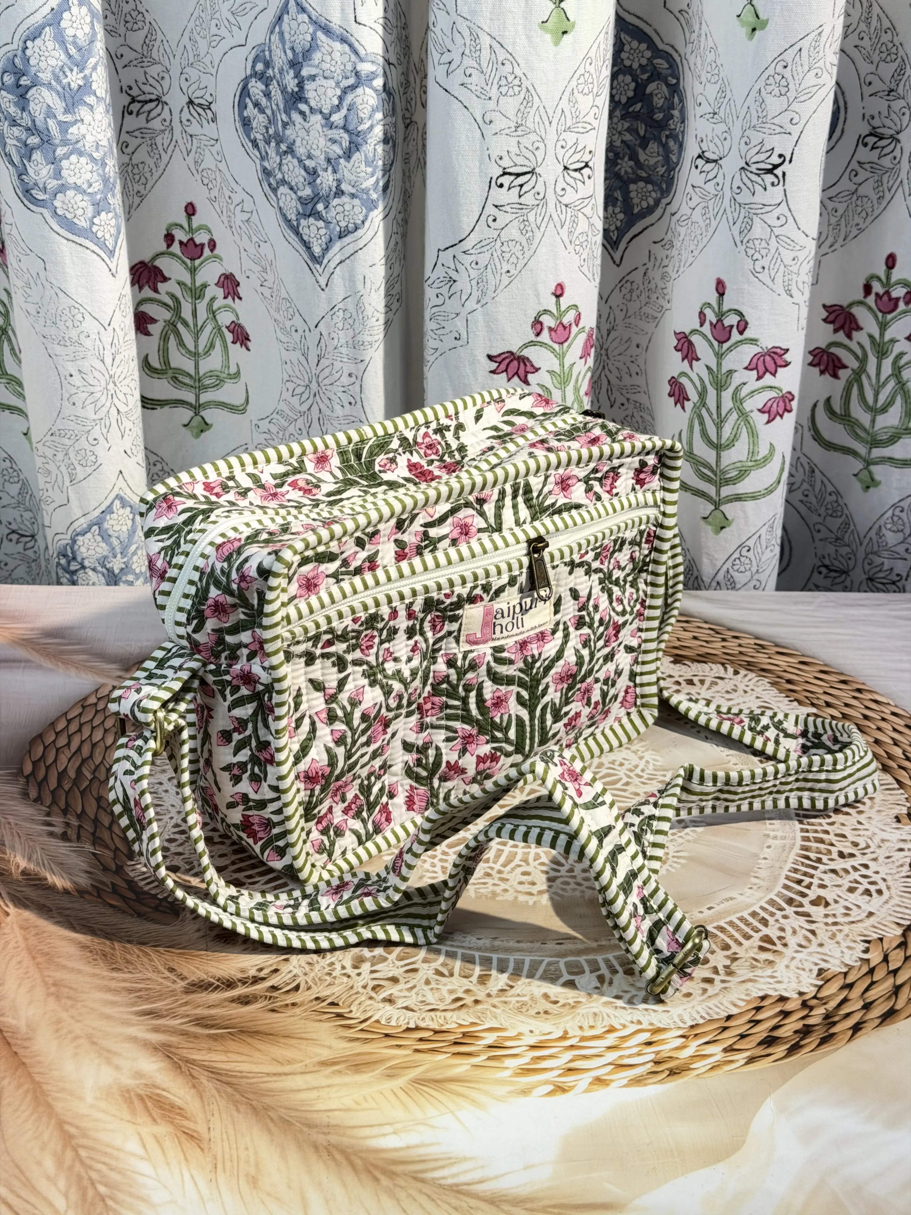 Jaipur Block Print Cotton Sling Bags - Pink Floral Green Leaves