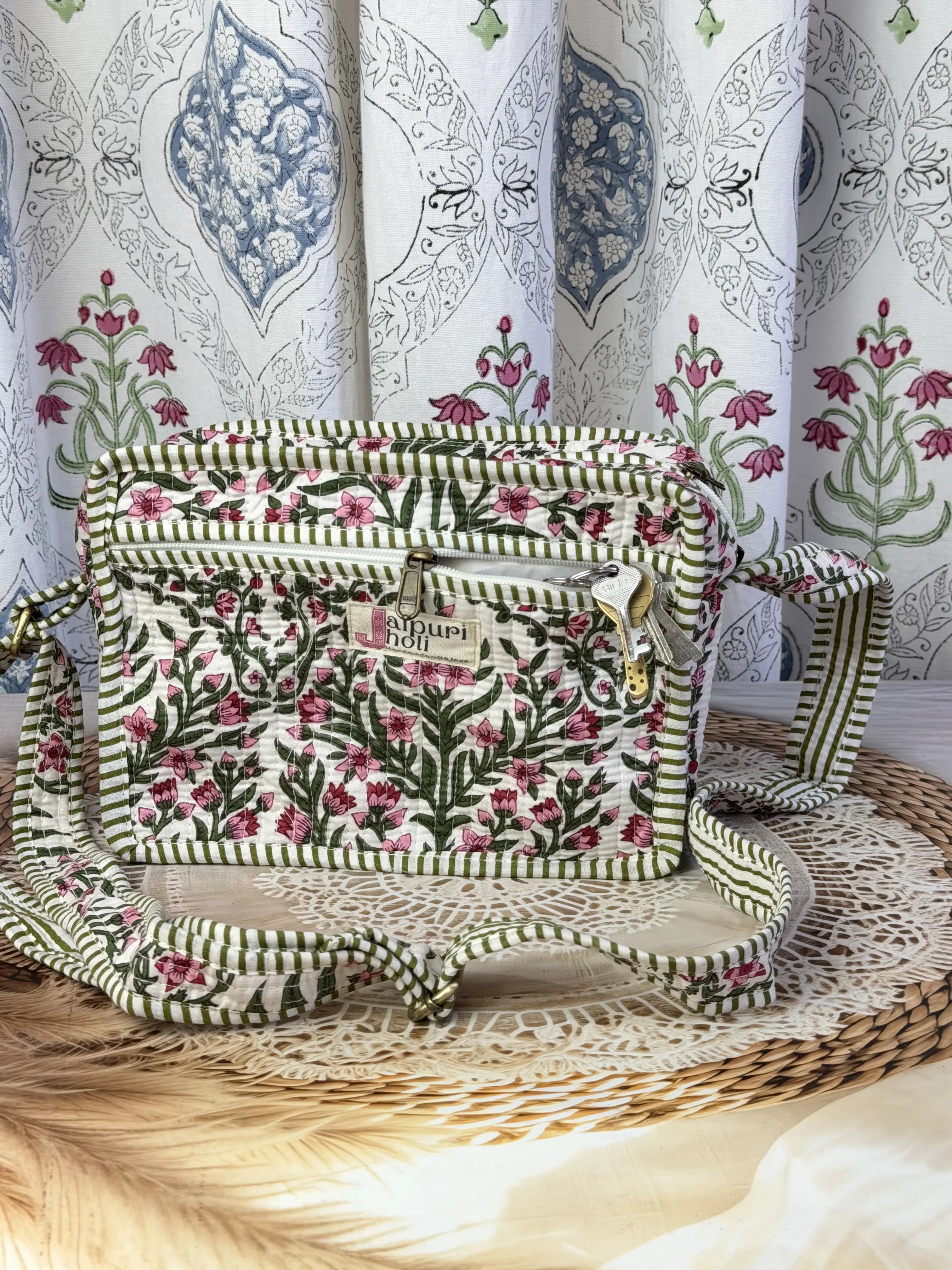 Jaipur Block Print Cotton Quilted Sling Bag -  Pink Floral Green Leaves print Front View
