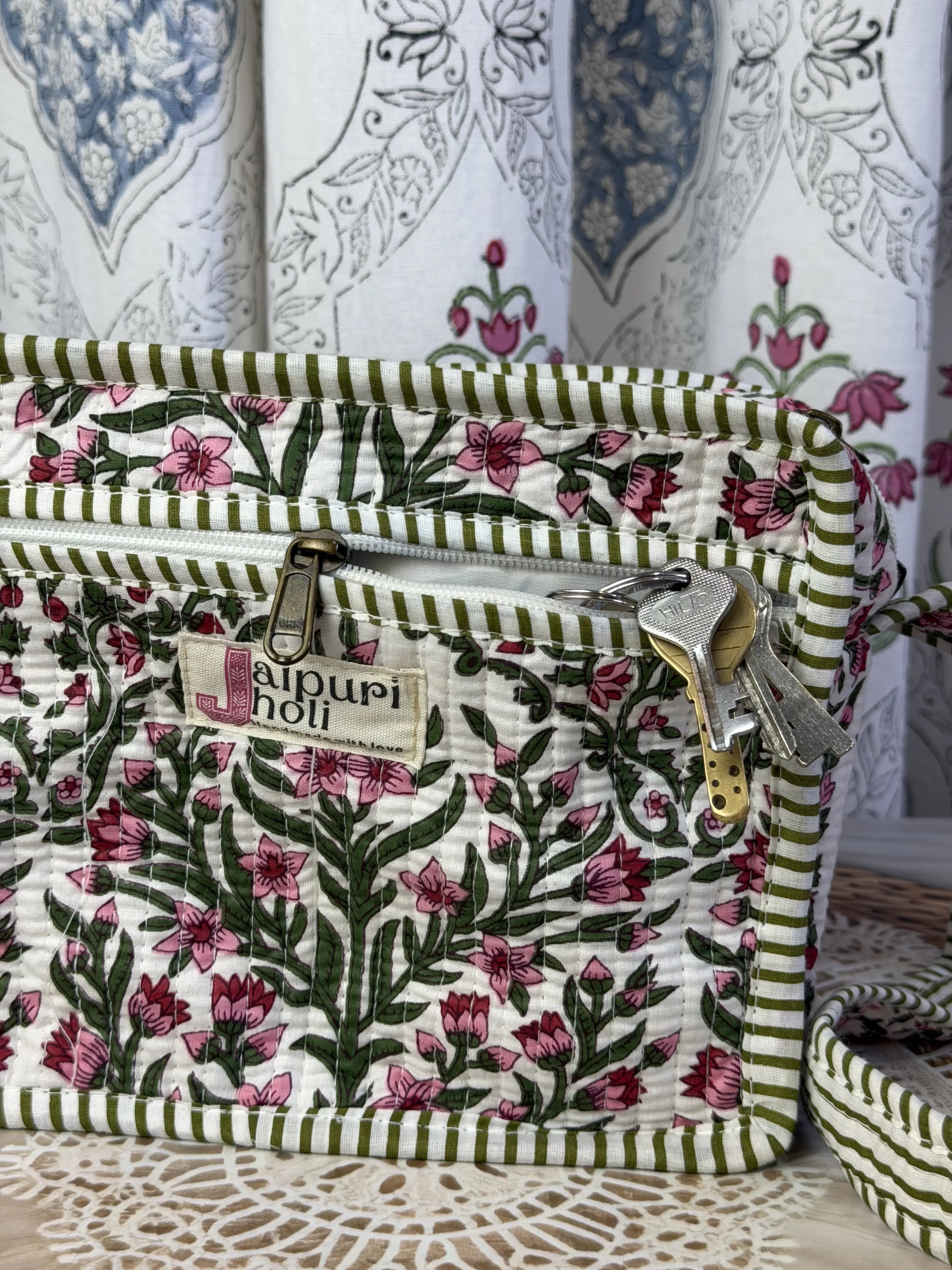 Jaipur Block Print Cotton Quilted Sling Bag -  Pink Floral Green Leaves print Close-Up View