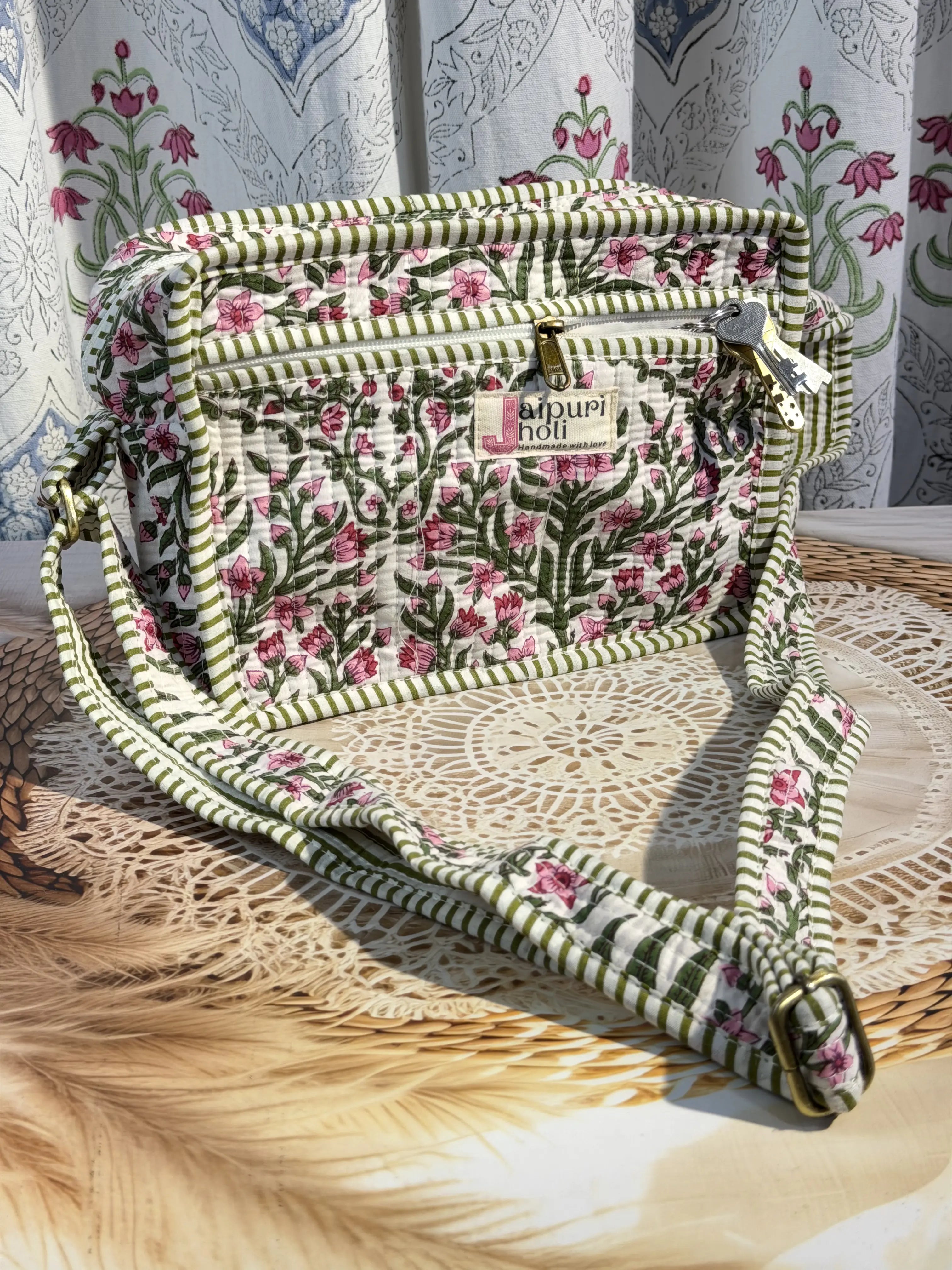 Jaipur Block Print Cotton Quilted Sling Bag -  Pink Floral Green Leaves print Front View