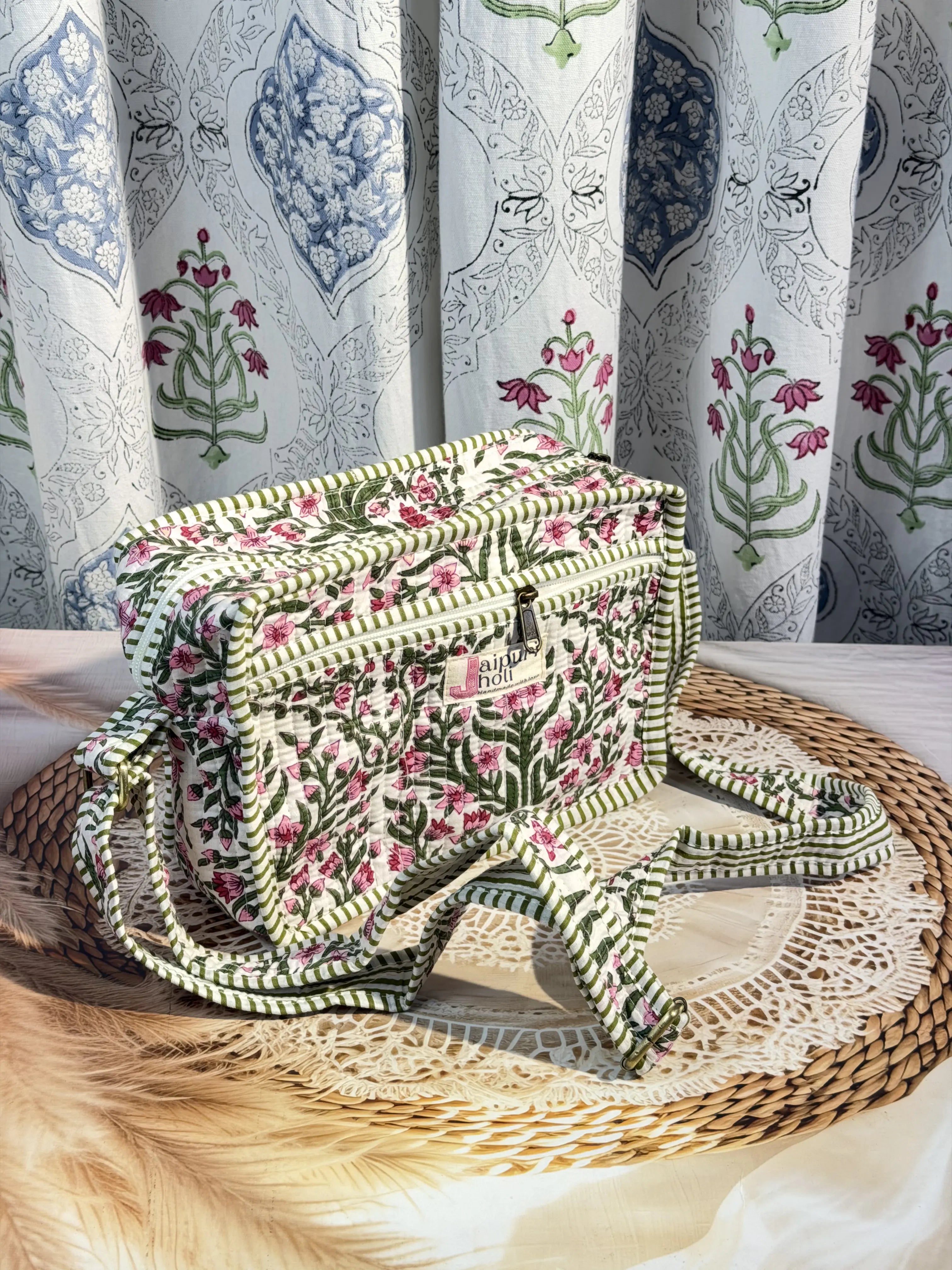 Jaipur Block Print Cotton Quilted Sling Bag -  Pink Floral Green Leaves print Front View