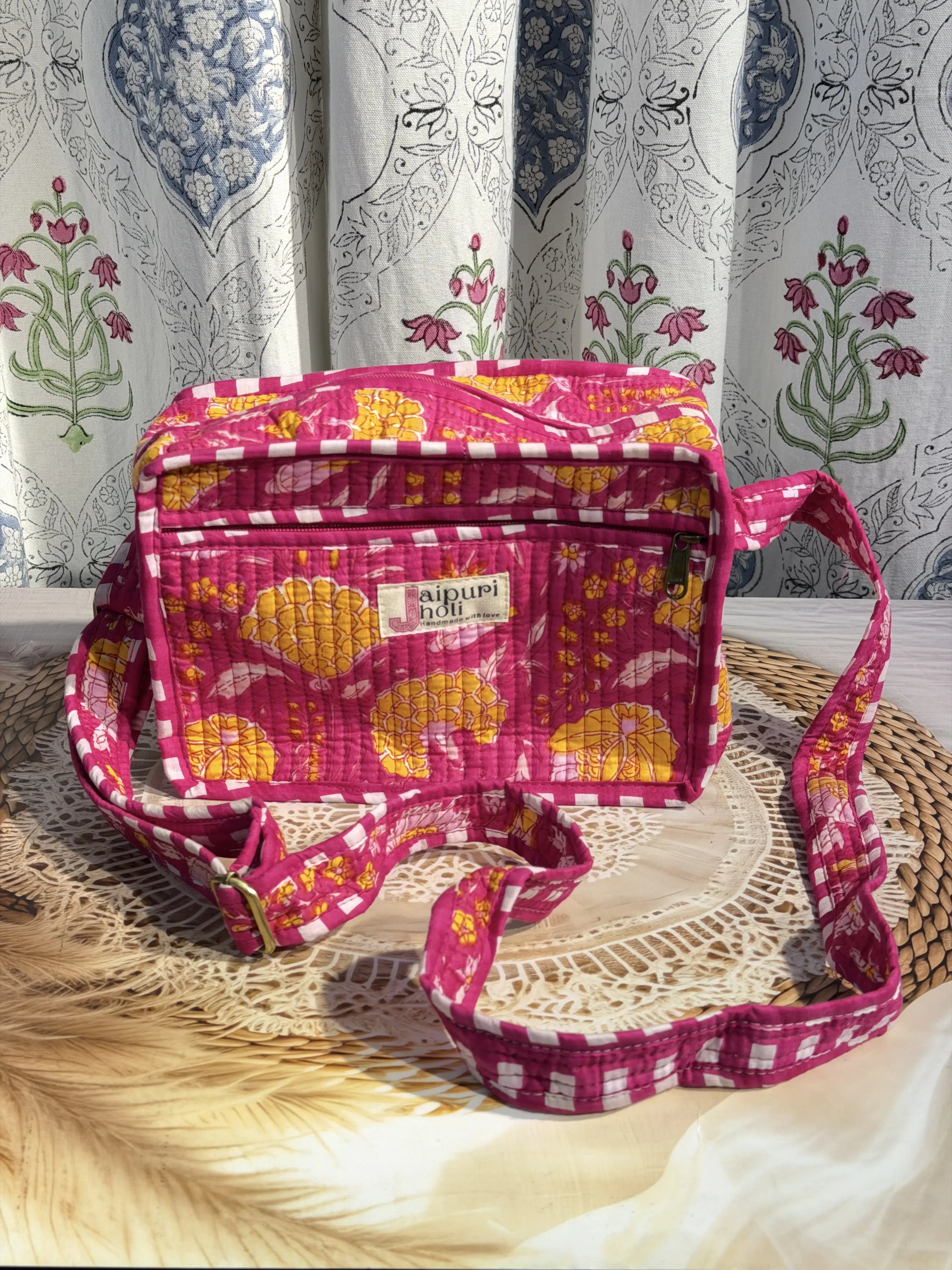 Jaipur Block Print Cotton Sling Bags - Pink Floral
