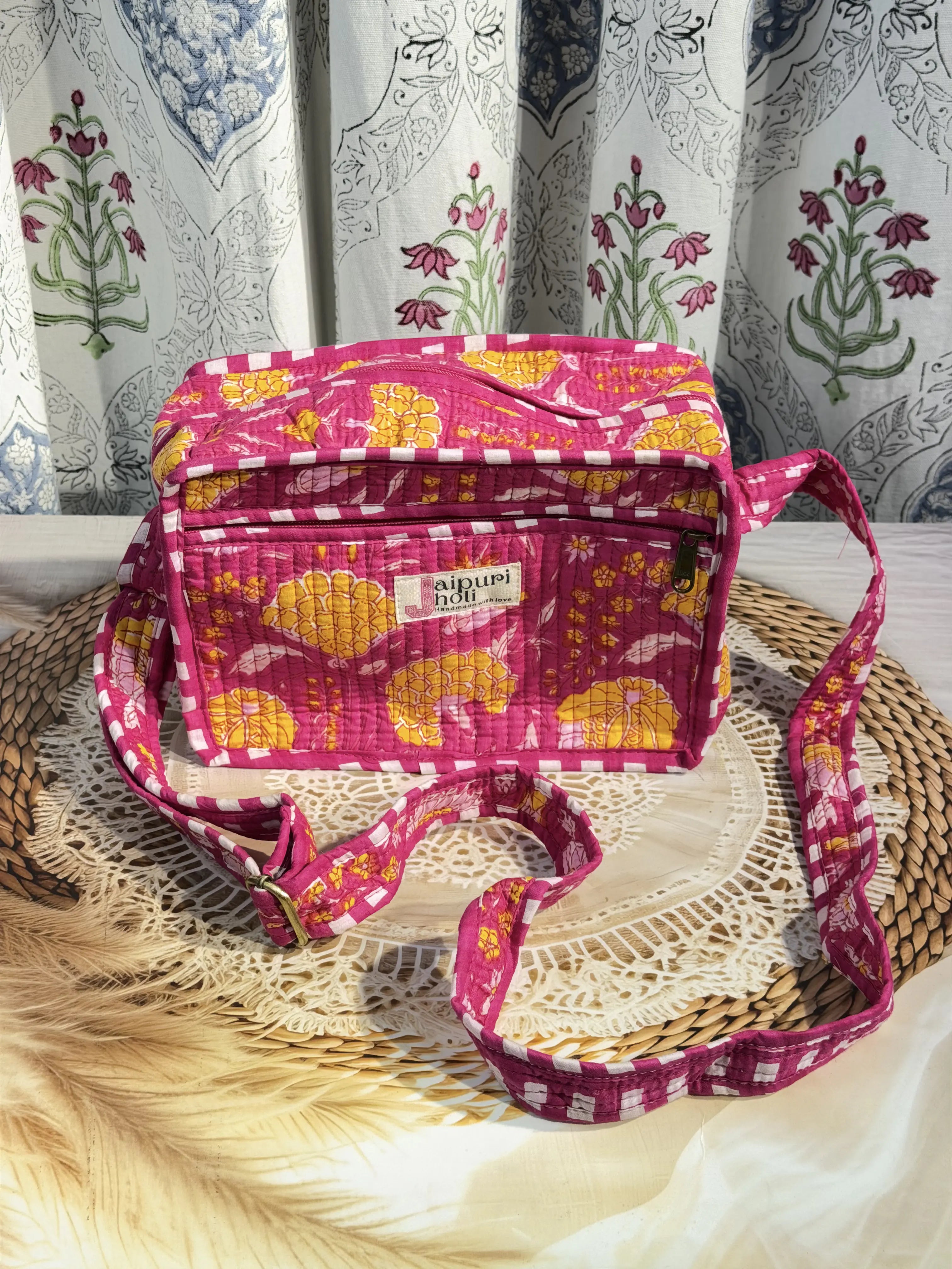 Jaipur Block Print Cotton Sling Bags - Pink Floral