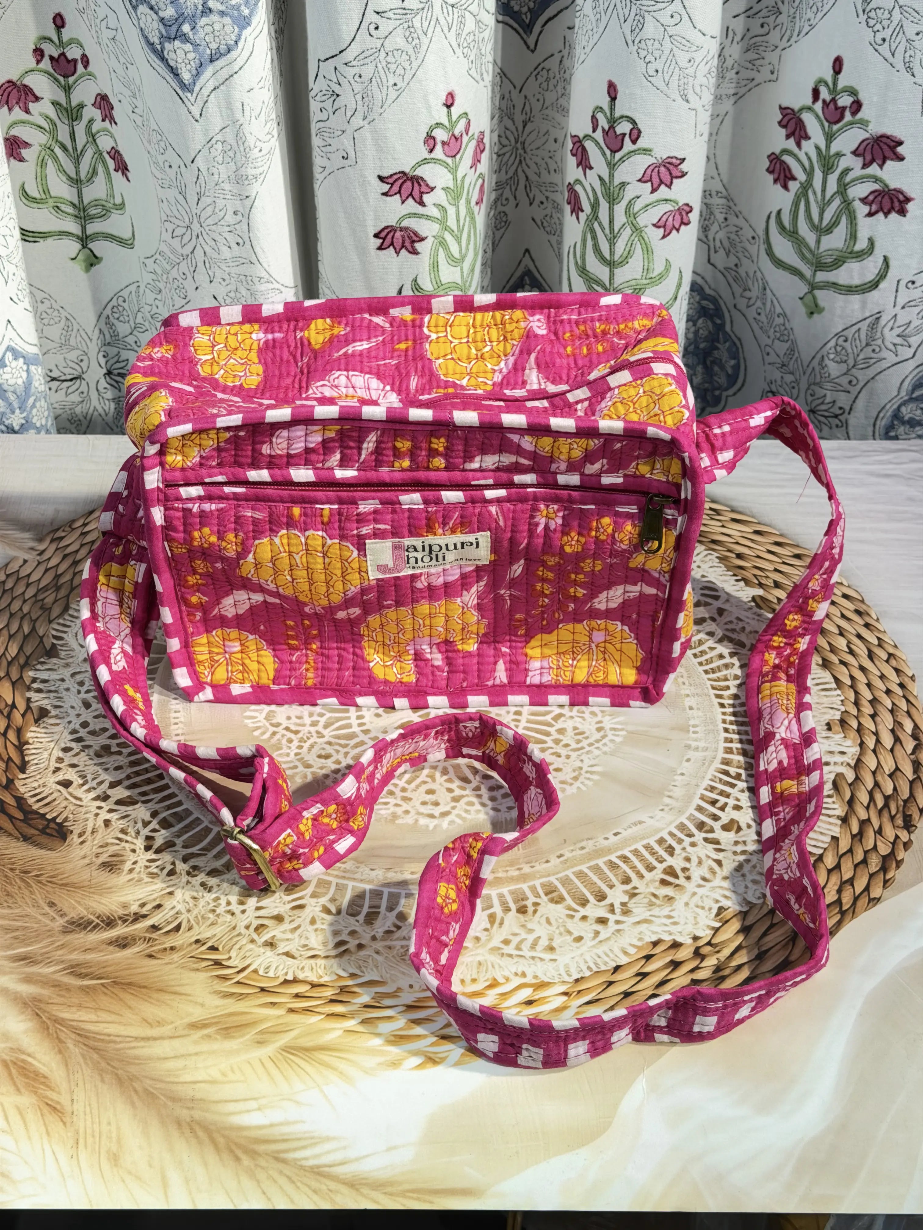 Jaipur Block Print Cotton Sling Bags - Pink Floral