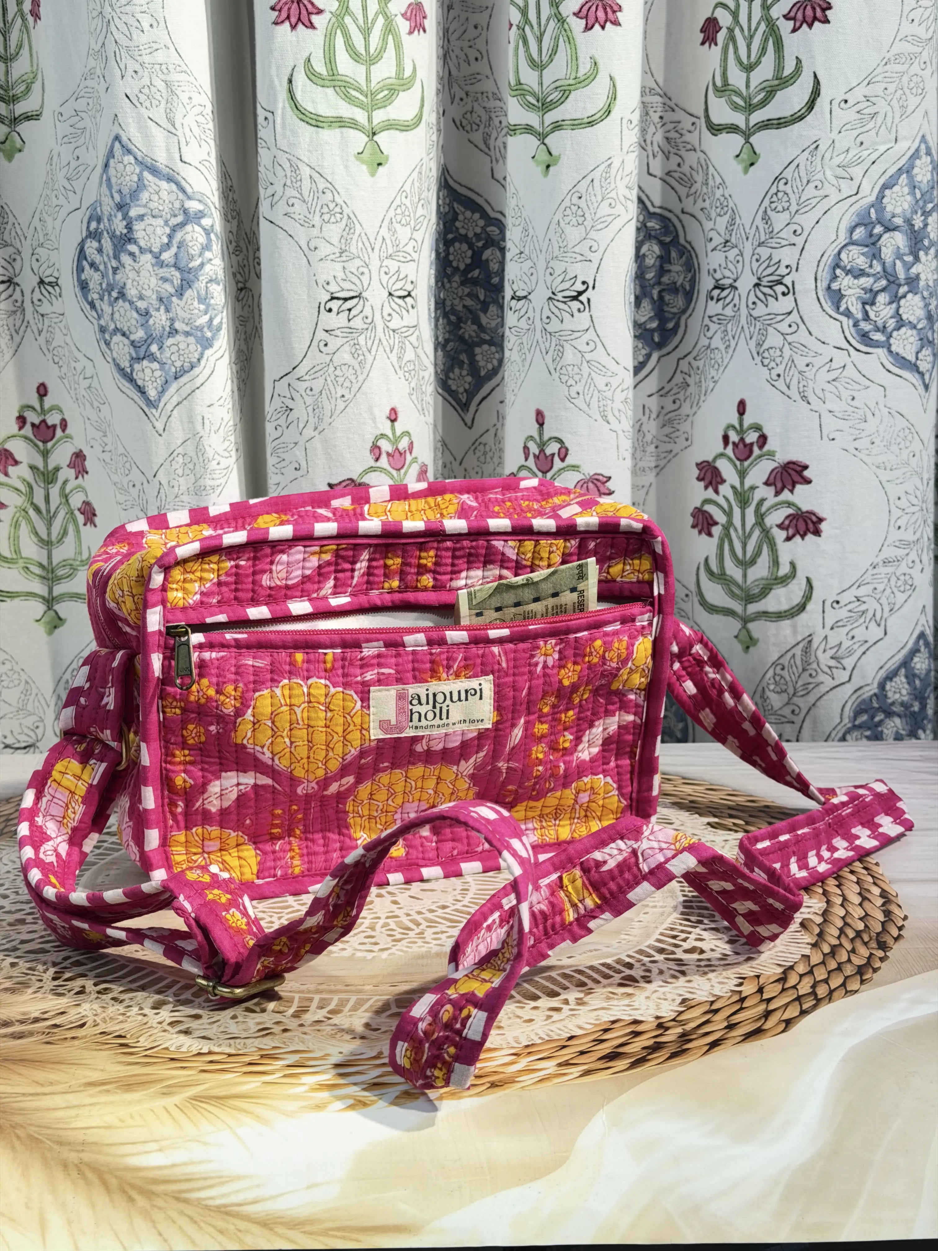 Jaipur Block Print Cotton Sling Bags - Pink Floral