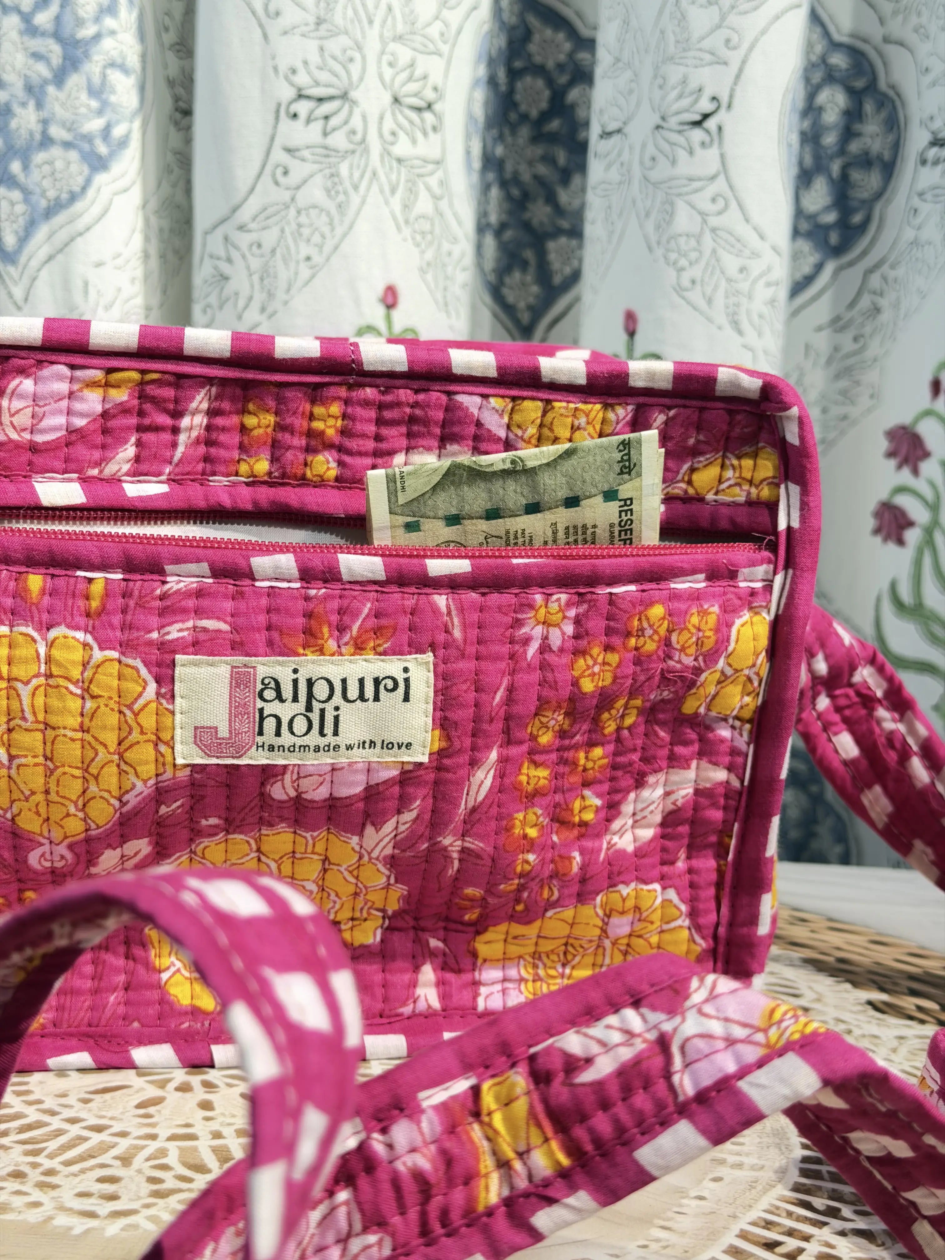 Jaipur Block Print Cotton Sling Bags - Pink Floral