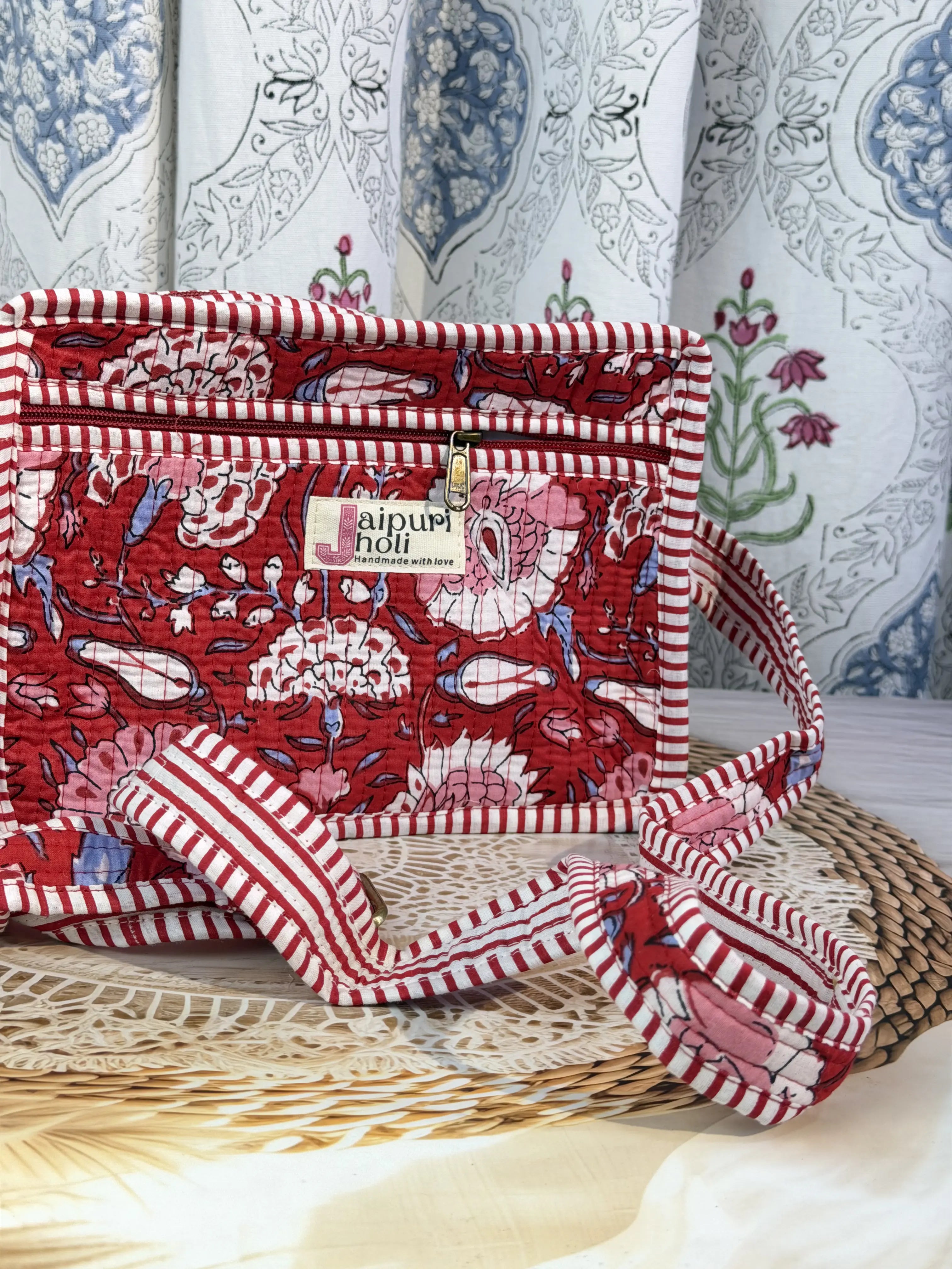 Jaipur Block Print Cotton Quilted Sling Bag -  Red Floral print Close-Up View
