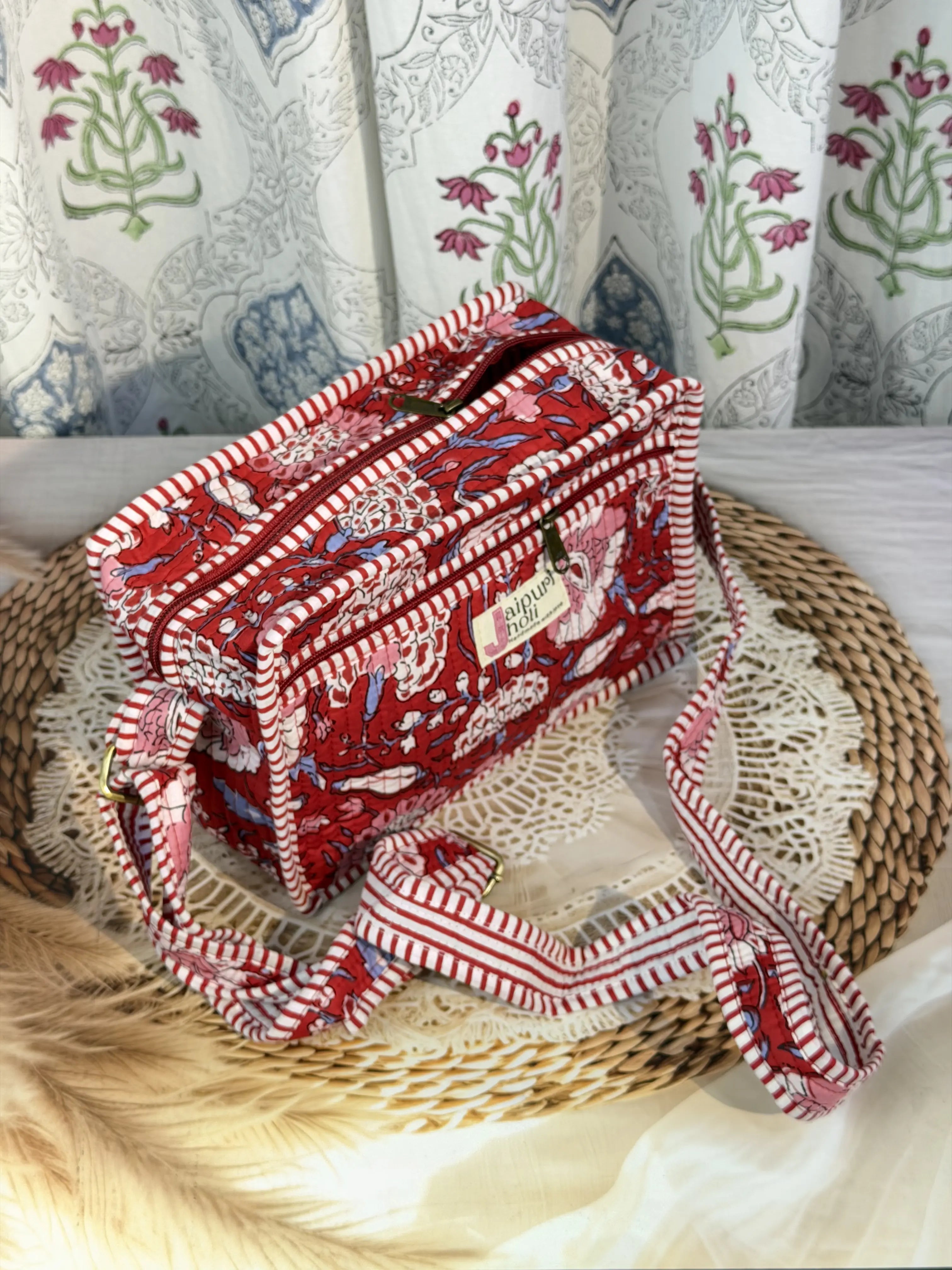 Jaipur Block Print Cotton Quilted Sling Bag -  Red Florall print Side View